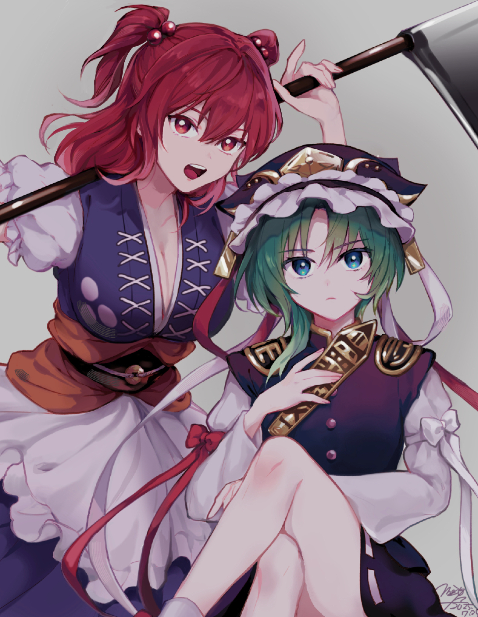 onozuka komachi, shiki eiki, touhou, highres, tagme, 2girls, arnm sgrm, breasts, cleavage, green eyes, green hair, holding, holding scythe, looking at viewer, multiple girls, open mouth, red eyes, red hair, scythe, serious, smile