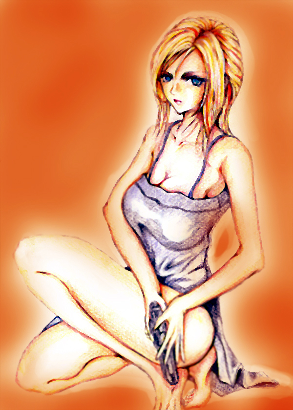 aya brea, parasite eve (series), parasite eve i, 1girl, bad anatomy, bare shoulders, blonde hair, blue eyes, breasts, female focus, gun, large breasts, orange background, poorly drawn, simple background, solo, weapon
