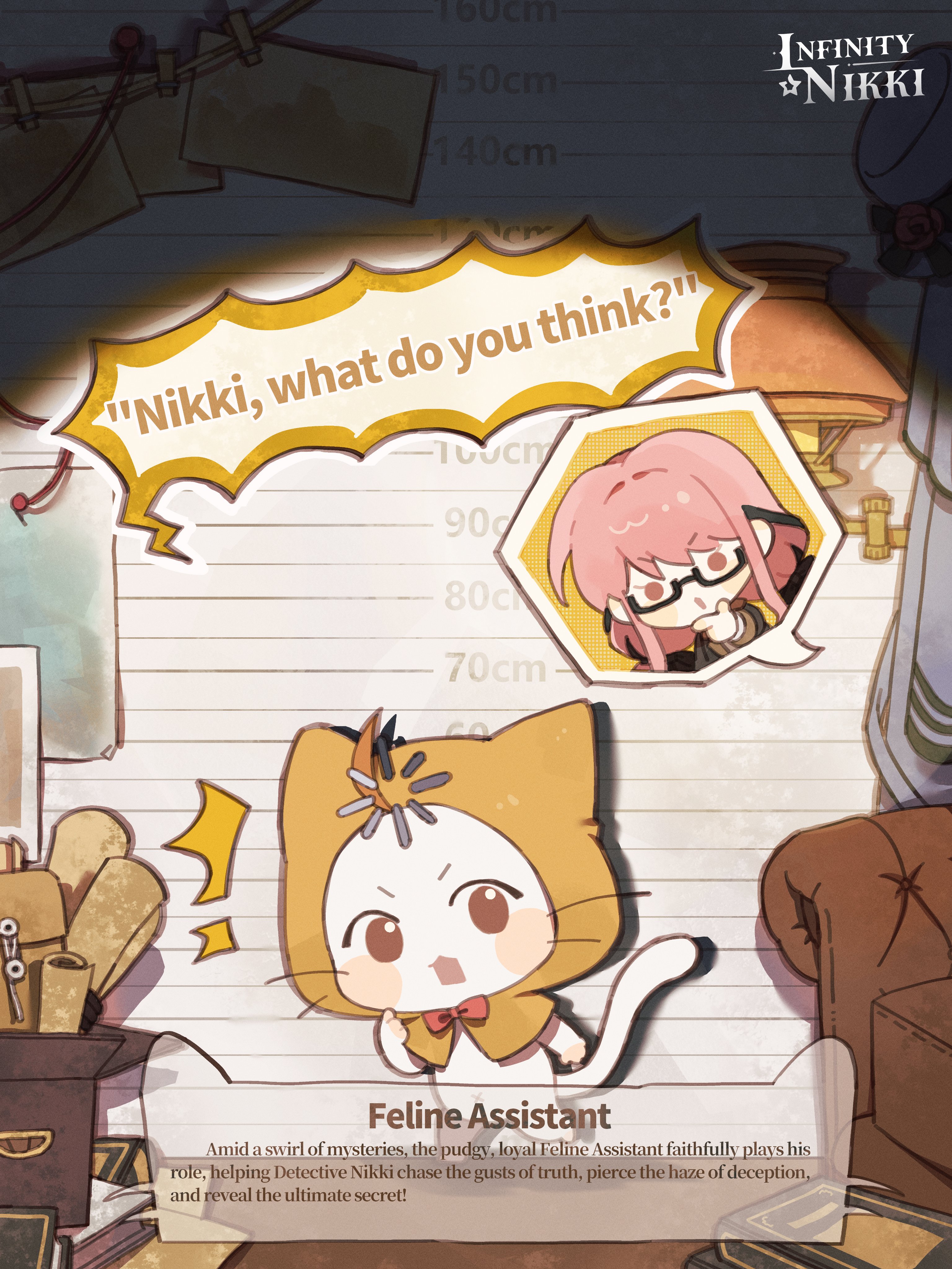 momo (nikki), nikki (nikki), infinity nikki, nikki (series), absurdres, artist request, commentary, english commentary, highres, official art, second-party source, 1girl, :o, ahoge, animal, animal focus, armchair, black-framed eyewear, black bow, black coat, black ribbon, blush stickers, book, book stack, bow, bowtie, bulletin board, cat, chair, cloak, clothed animal, coat, copyright name, ear covers, english text, glasses, hair bow, hair intakes, hair ribbon, hand on own cheek, hand on own chin, hand on own face, hood, hood up, hooded cloak, lamp, layered sleeves, loading icon, logo, long hair, long sleeves, low twintails, open mouth, pink hair, red bow, red bowtie, ribbon, scroll, shadow, sidelocks, sleeve cuffs, solid oval eyes, speech bubble, spoken character, surprised, traditional bowtie, tress ribbon, twintails, vignetting, whiskers, white cat, yellow cloak