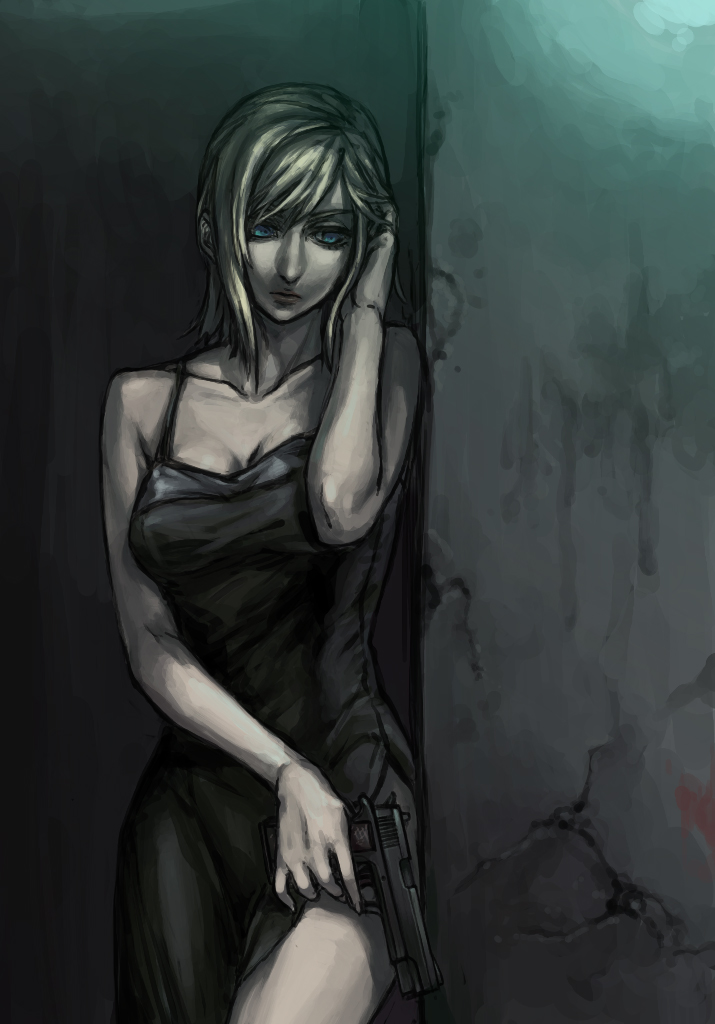 aka gan k, akagishi k, aya brea, parasite eve (series), parasite eve i, bad id, bad pixiv id, 1girl, bare shoulders, blonde hair, blue eyes, breasts, dark, dress, female focus, gun, handgun, large breasts, m1911, pistol, semi-automatic pistol, solo, weapon