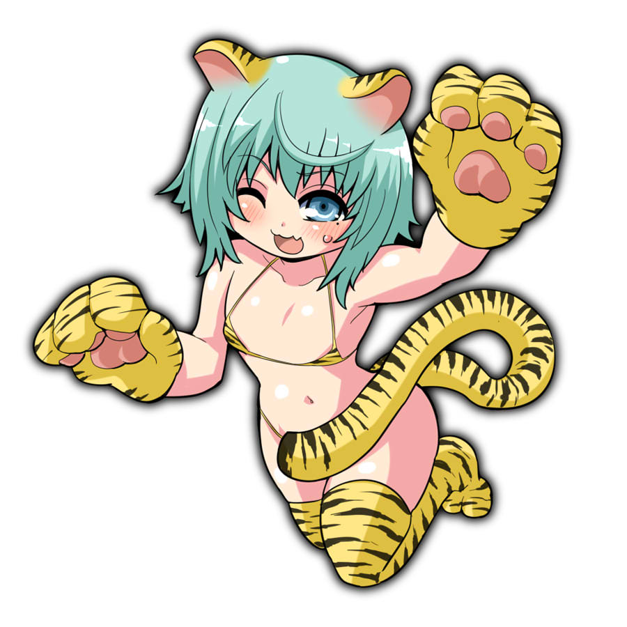 itini-sanshi, 2channel, commentary request, 1boy, 2channel (/livejupiter/), aile-kun, animal ears, animal hands, animal print, bikini, blue eyes, blue hair, blush, crossdressing, crossdressing (mtf), fang, full body, gloves, looking at viewer, male focus, navel, one eye closed, open mouth, paw gloves, print bikini, print thighhighs, short hair, simple background, skin fang, smile, solo, swimsuit, tail, thighhighs, tiger boy, tiger ears, tiger print, tiger tail, trap, white background