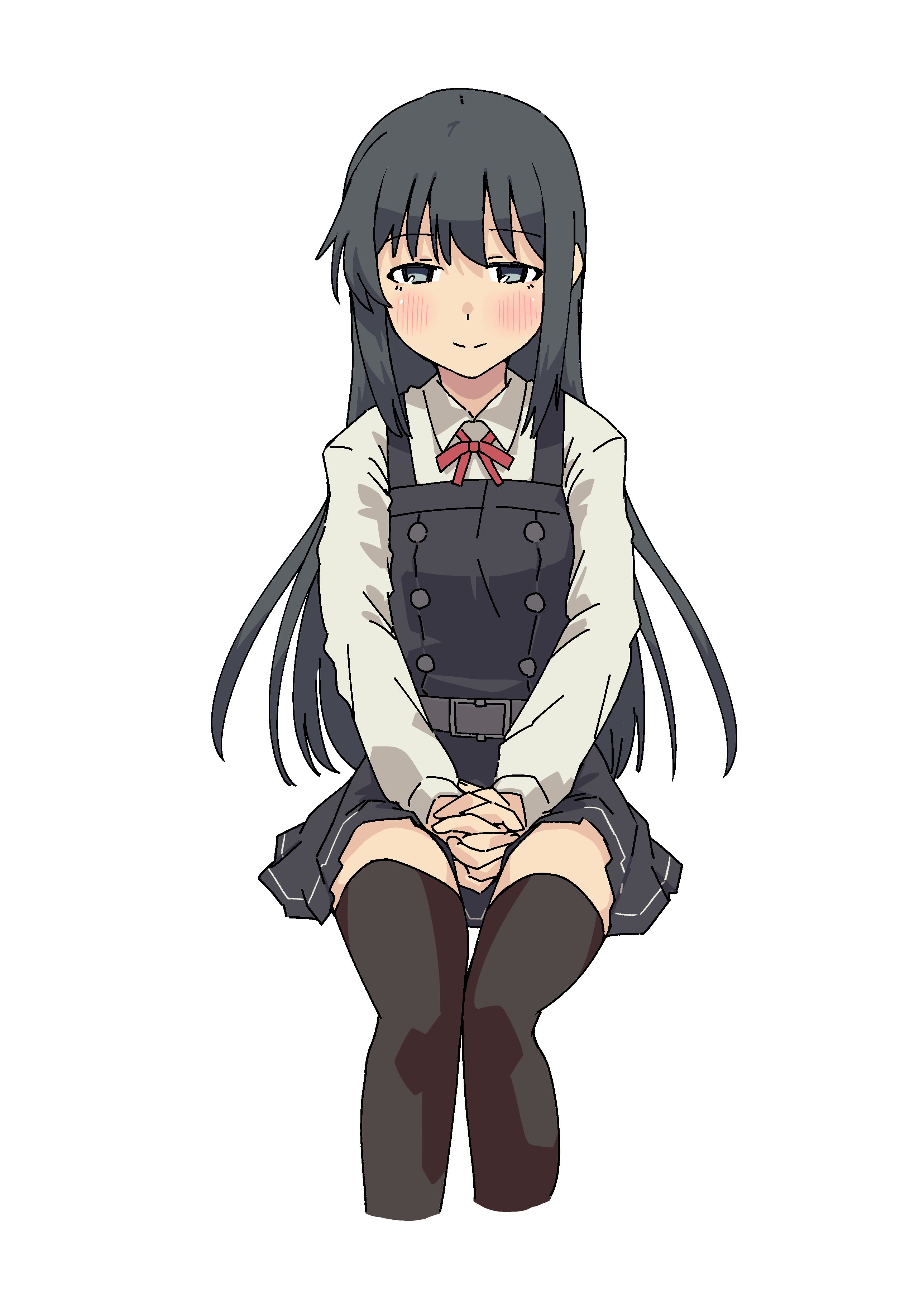 rockborder, asashio (kancolle), asashio kai ni (kancolle), kantai collection, absurdres, highres, 1girl, belt, black hair, black thighhighs, blue eyes, blush, dress, long hair, long sleeves, looking at viewer, neck ribbon, pinafore dress, red ribbon, ribbon, school uniform, shirt, simple background, sitting, sleeveless, sleeveless dress, solo, thighhighs, white background, white shirt