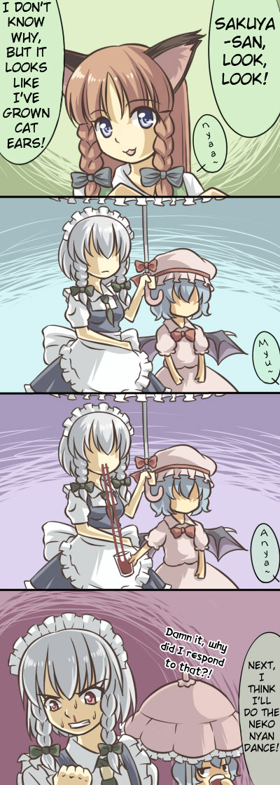 urin, hong meiling, izayoi sakuya, remilia scarlet, touhou, silver hair, hard-translated, third-party edit, translated, 4koma, :3, animal ears, blood, blue hair, cat ears, cat girl, comic, cup, excessive nosebleed, female focus, hat, kemonomimi mode, maid, no eyes, nosebleed, parasol, sweat, umbrella, vampire, wings