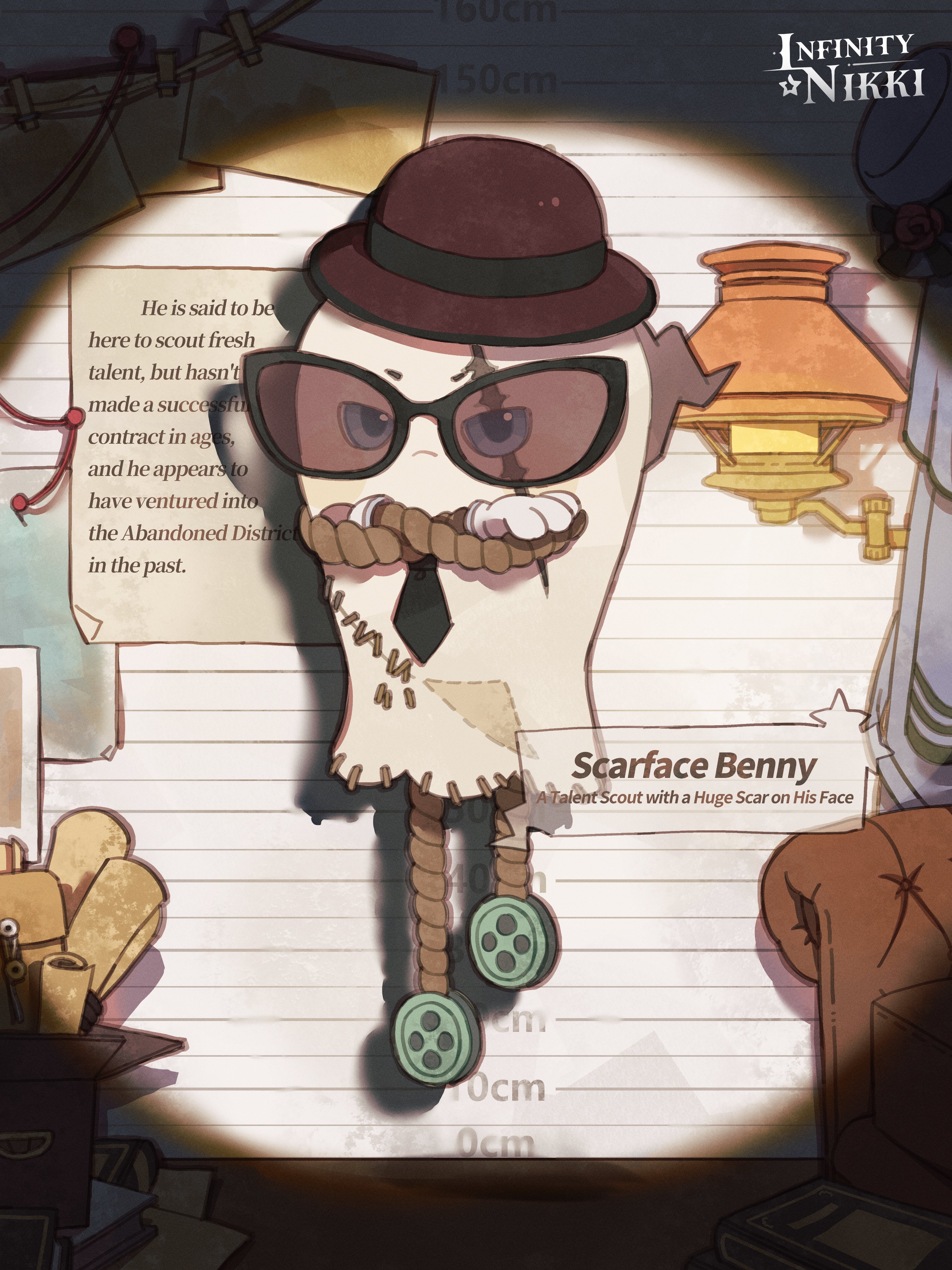 infinity nikki, nikki (series), absurdres, artist request, commentary, english commentary, highres, official art, second-party source, annoyed, armchair, black-framed eyewear, black necktie, blue eyes, bowler hat, brown-tinted eyewear, brown hat, bulletin board, buttons, chair, character name, closed mouth, copyright name, crossed arms, curtains, english text, floating, frown, gloves, hat, indoors, lamp, logo, necktie, no humans, piecey, scar, scar across eye, scar on face, scarface benny (infinity nikki), scroll, solo, sunglasses, tinted eyewear, vignetting, white gloves