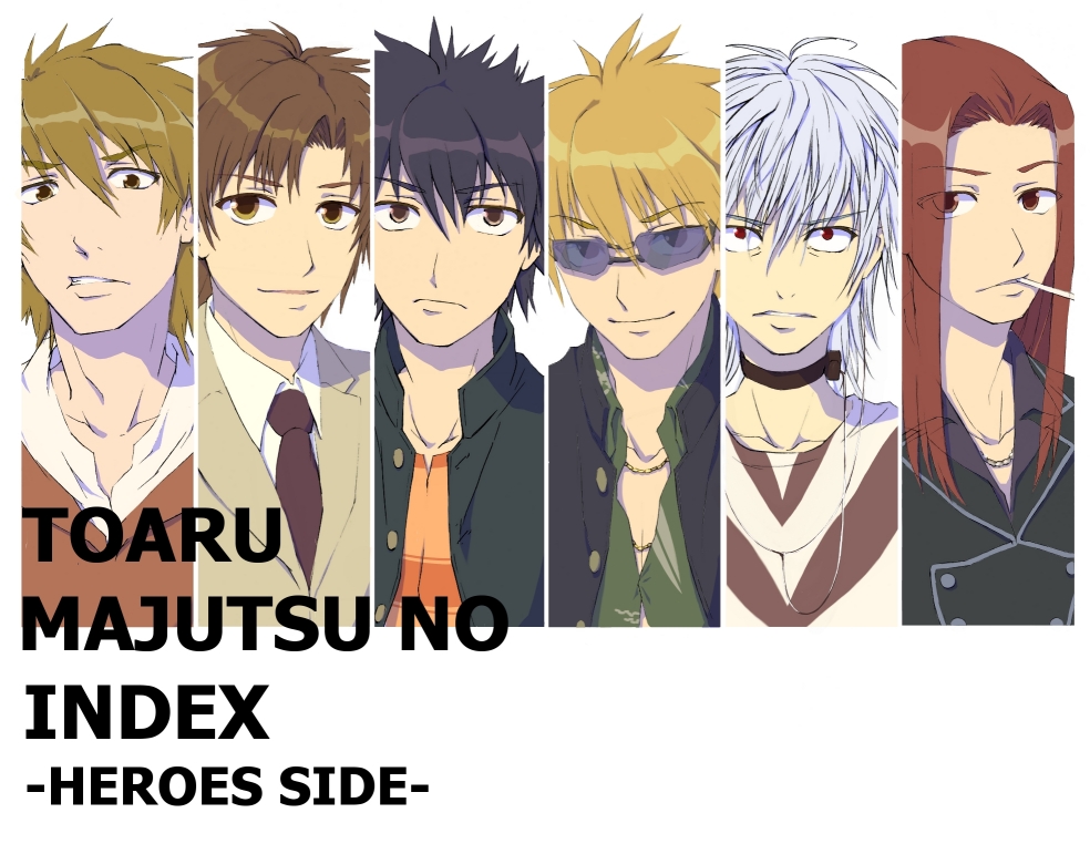 inomata mamoru, accelerator (toaru majutsu no index), hamazura shiage, kamijou touma, stiyl magnus, tsuchimikado motoharu, unabara mitsuki, toaru majutsu no index, commentary request, partial commentary, 6+boys, a certain high school uniform, albino, black choker, black hair, black jacket, black robe, blonde hair, brown eyes, brown hair, brown hoodie, buttons, cassock, choker, cigarette, clenched teeth, closed mouth, collarbone, collared shirt, diagonal-striped clothes, diagonal-striped shirt, electrodes, english text, frown, gakuran, green shirt, grey shirt, hair between eyes, hawaiian shirt, hood, hoodie, jacket, light smile, long bangs, long hair, looking at viewer, medium hair, multiple boys, necktie, no tattoo, open clothes, open jacket, orange shirt, parted lips, portrait, priest, red eyes, red hair, robe, school uniform, shirt, short hair, smile, spiked hair, sternocleidomastoid muscle, striped clothes, striped shirt, sunglasses, teeth, unbuttoned, unbuttoned jacket, upper body, white hair, winter uniform