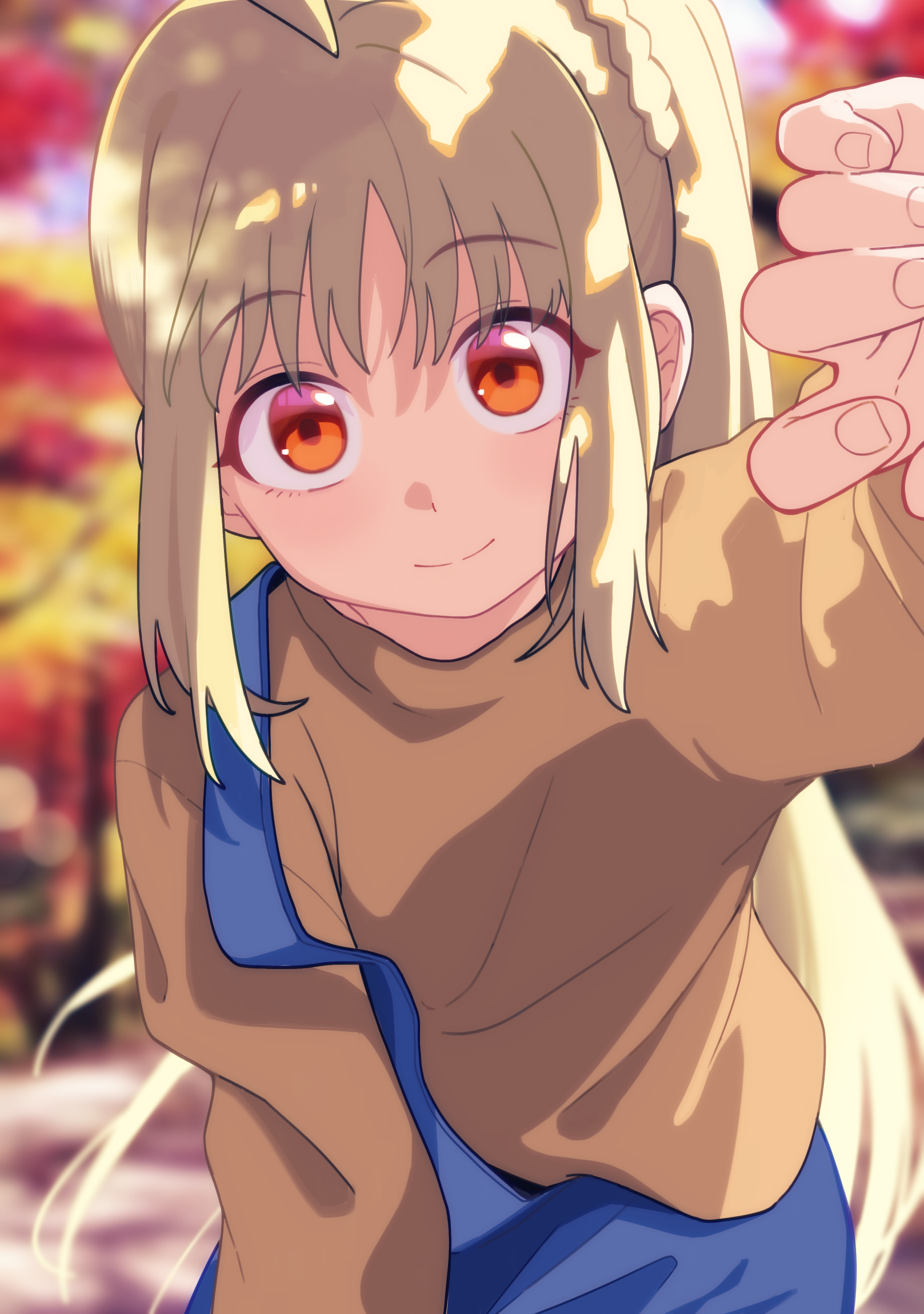 xion (pulilulu), ijichi nijika, bocchi the rock!, highres, variant set, 1girl, alternate costume, blonde hair, brown sweater, casual, closed mouth, cowboy shot, day, long hair, long sleeves, looking at viewer, outdoors, red eyes, sidelocks, smile, solo, split mouth, standing, straight-on, sunlight, sweater, wispy bangs