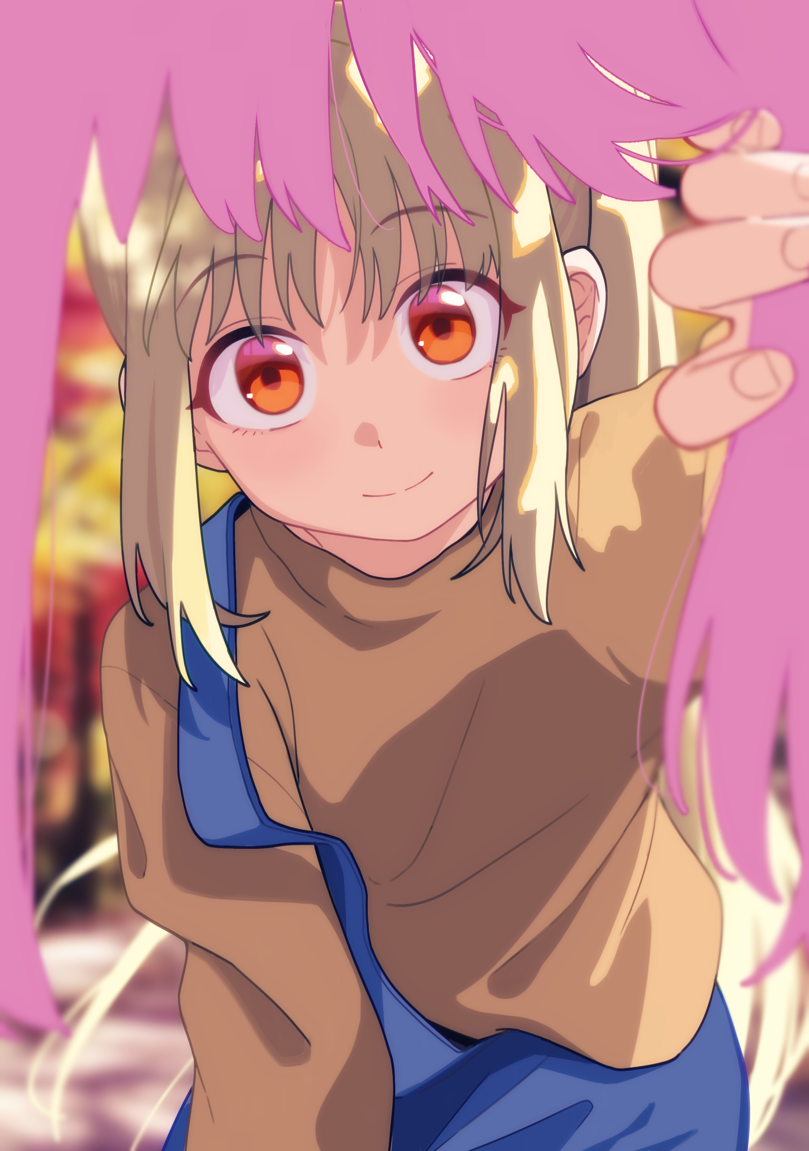 xion (pulilulu), gotoh hitori, ijichi nijika, bocchi the rock!, highres, variant set, 2girls, alternate costume, blonde hair, brown sweater, casual, closed mouth, cowboy shot, day, female pov, long hair, long sleeves, looking at viewer, multiple girls, outdoors, pink hair, pov, red eyes, sidelocks, smile, split mouth, standing, straight-on, sunlight, sweater, wispy bangs