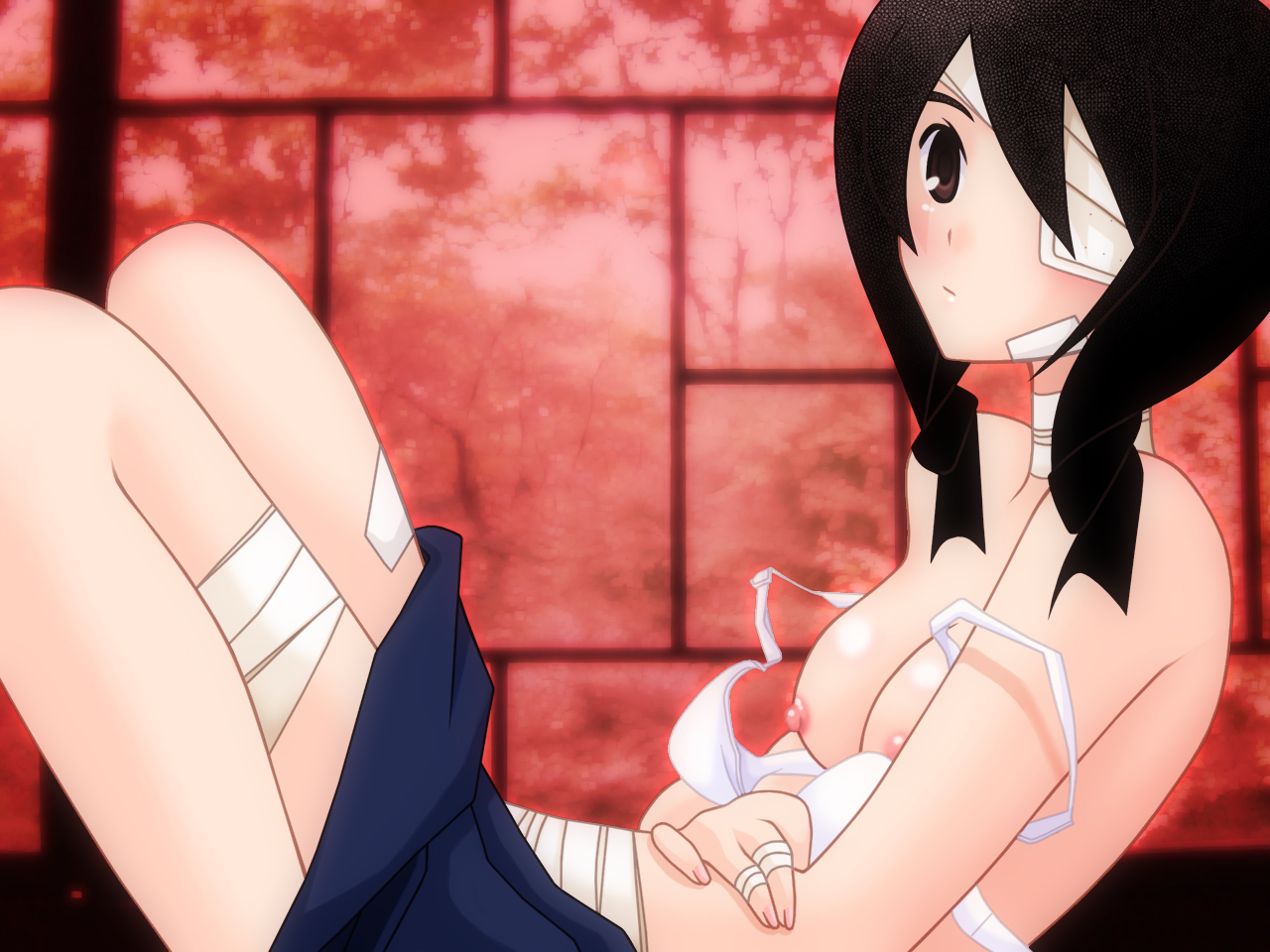 buzzer, count zero, kobushi abiru, sayonara zetsubou sensei, non-web source, 00s, 1girl, bandages, bare shoulders, bra, braid, breasts, brown eyes, eyepatch, female focus, lingerie, medium breasts, skirt, solo, twin braids, underwear
