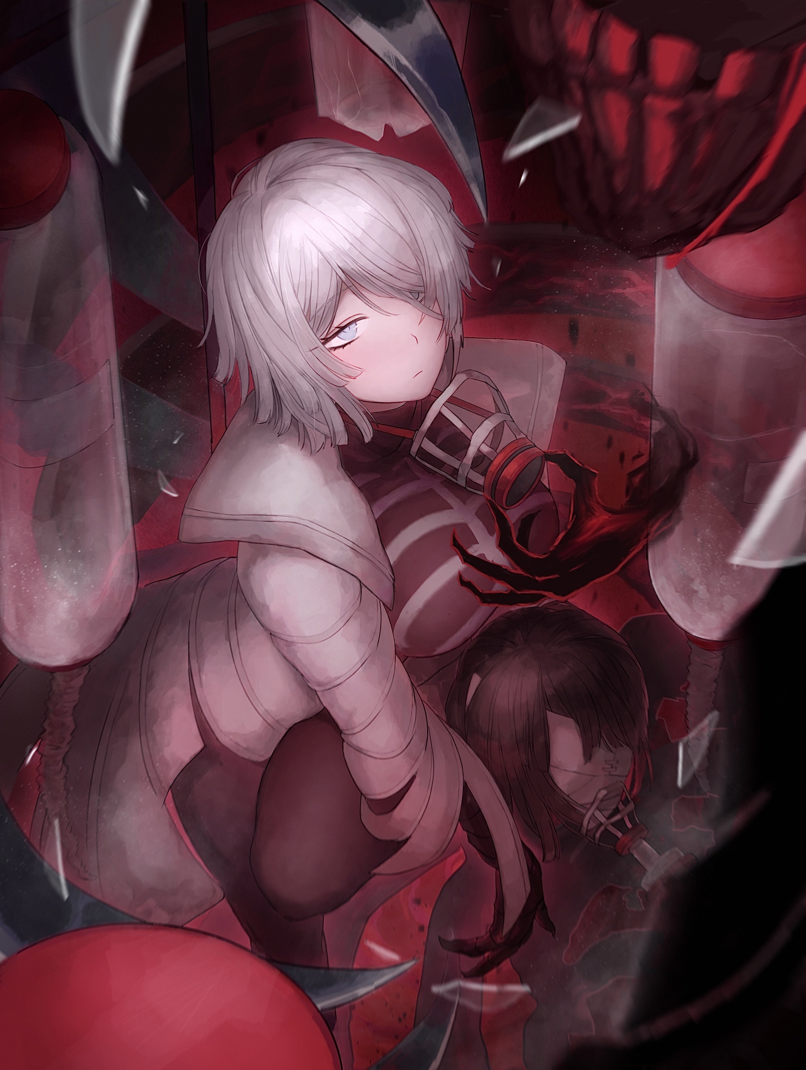 faust (project moon), ryoshu (project moon), limbus company, project moon, absurdres, highres, 2girls, arr 1l, black hair, black pantyhose, black shirt, blue eyes, breasts, coat, e.g.o (project moon), large breasts, looking at viewer, mask, multiple girls, oxygen mask, oxygen tank, pantyhose, respirator, shirt, short hair, simple background, skeleton print, sleeping bag of a bygone day, standing, thoracalgia (e.g.o), upper body, white coat, white hair