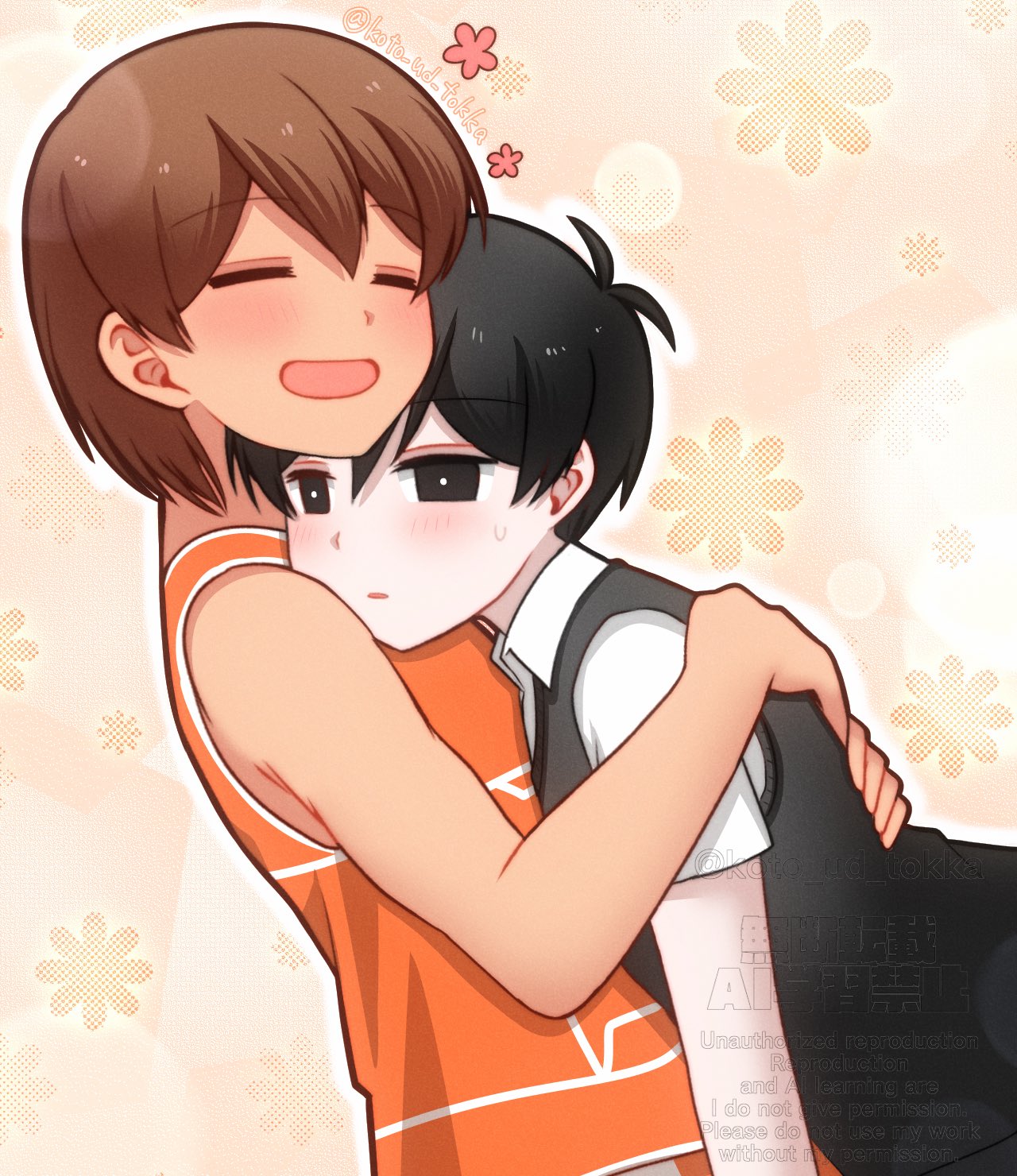 hisaho, kel (faraway) (omori), kel (omori), sunny (omori), omori, highres, 2boys, antenna hair, black eyes, black hair, black sweater vest, blush, brown hair, closed eyes, closed mouth, collared shirt, dark-skinned male, dark skin, double-parted bangs, hair between eyes, hug, male focus, multiple boys, open mouth, shirt, short hair, short sleeves, smile, sweatdrop, sweater vest, twitter username, watermark, white shirt, yaoi
