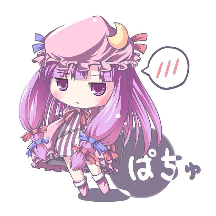 gumitaroo, patchouli knowledge, touhou, 1girl, bow, chibi, female focus, hat, long hair, pink bow, purple hair, ribbon, solo
