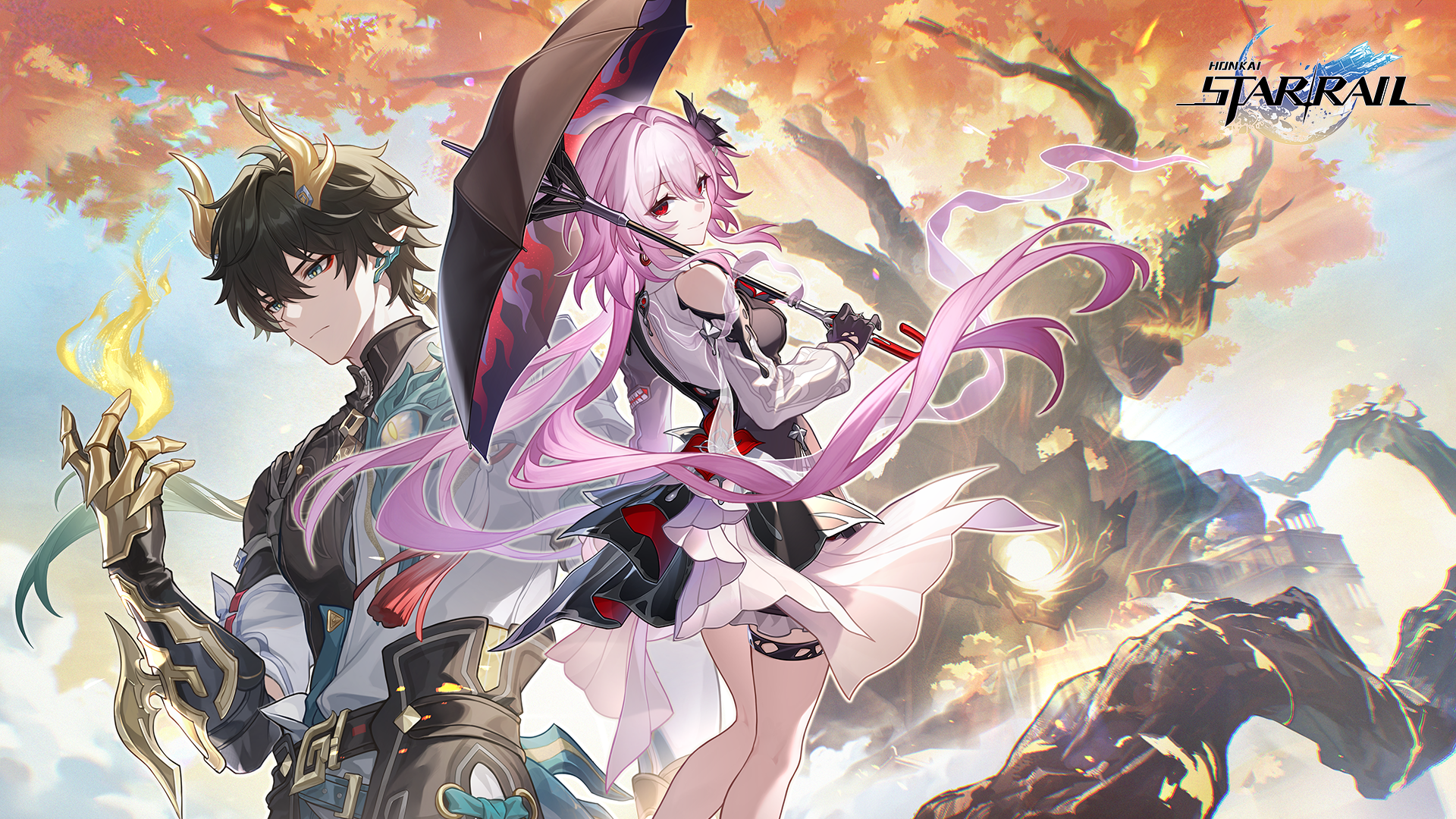 dan heng (honkai: star rail), dan heng (permansor terrae) (honkai: star rail), evernight (honkai: star rail), march 7th (honkai: star rail), honkai: star rail, honkai (series), highres, official art, 1boy, 1girl, bare shoulders, black flower, black gloves, black umbrella, closed mouth, dress, floating hair, flower, gloves, hair between eyes, hair ornament, holding, holding umbrella, long hair, long sleeves, official alternate costume, official alternate eye color, official alternate hair length, official alternate hairstyle, pink hair, red eyes, smile, thigh strap, umbrella