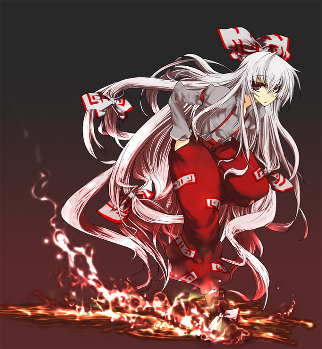 aoguu, fujiwara no mokou, touhou, silver hair, 1girl, female focus, fire, full body, gradient background, long hair, ribbon, solo, standing