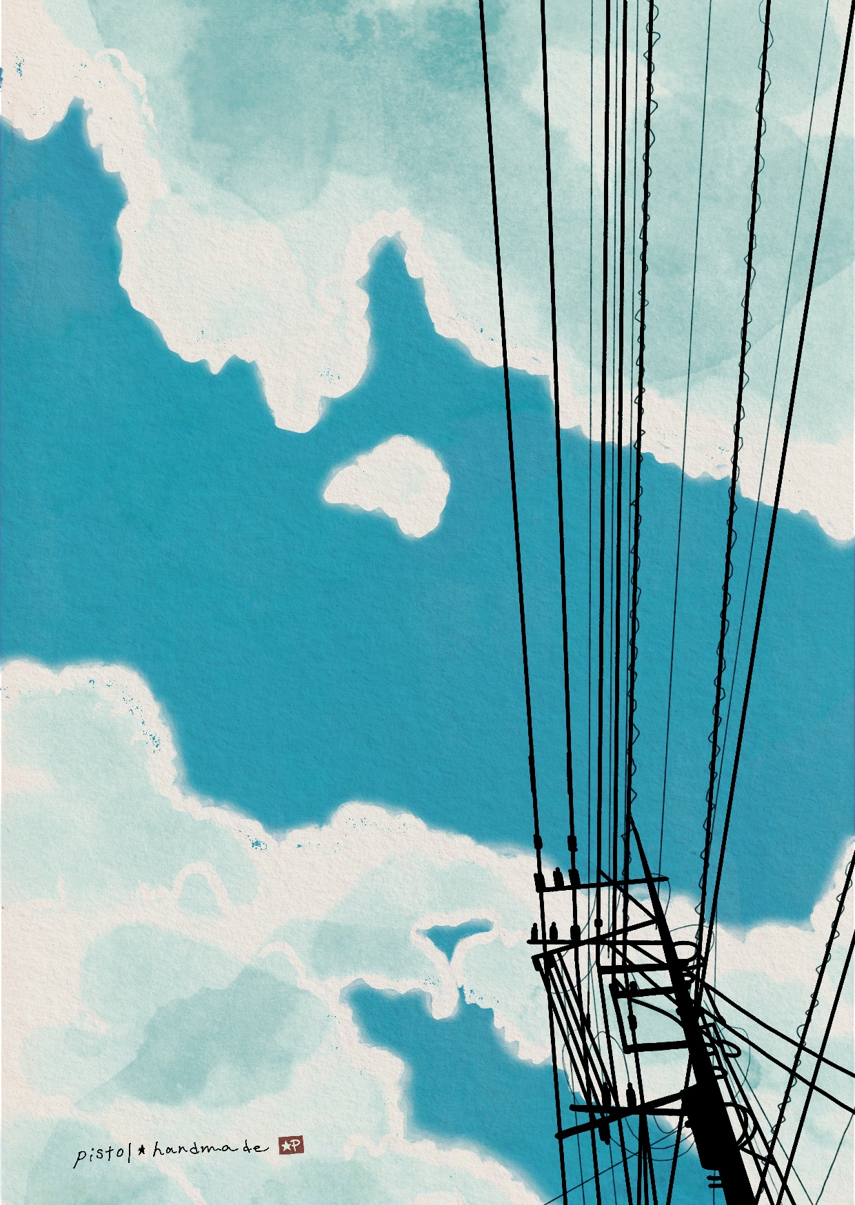 original, commentary request, highres, artist name, cloud, cloudy sky, day, no humans, outdoors, pistol handmade (artist), power lines, scenery, sky, sky focus, utility pole