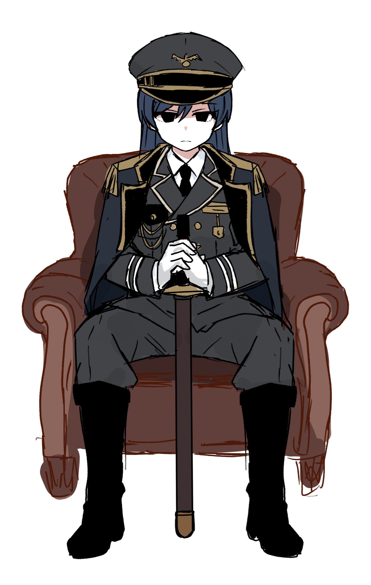 chiwawa174, kisaragi chihaya, idolmaster, idolmaster (classic), highres, 1girl, black boots, blue hair, boots, chair, cloak, closed mouth, full body, gloves, grey jacket, grey pants, hat, jacket, knee boots, long hair, long sleeves, looking at viewer, military dress uniform, military hat, military uniform, on chair, pants, peaked cap, simple background, sitting, solo, straight-on, sword, weapon, white background, white gloves, wooden sword