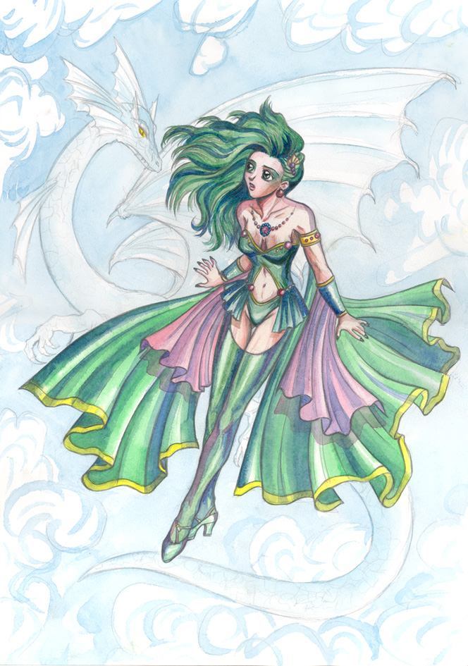 rydia (ff4), final fantasy, final fantasy iv, 1990s (style), 1girl, dragon, earrings, female focus, fog, green eyes, green hair, jewelry, long hair, matching hair/eyes, midriff, navel, open mouth, retro artstyle, sitting, solo, thighhighs