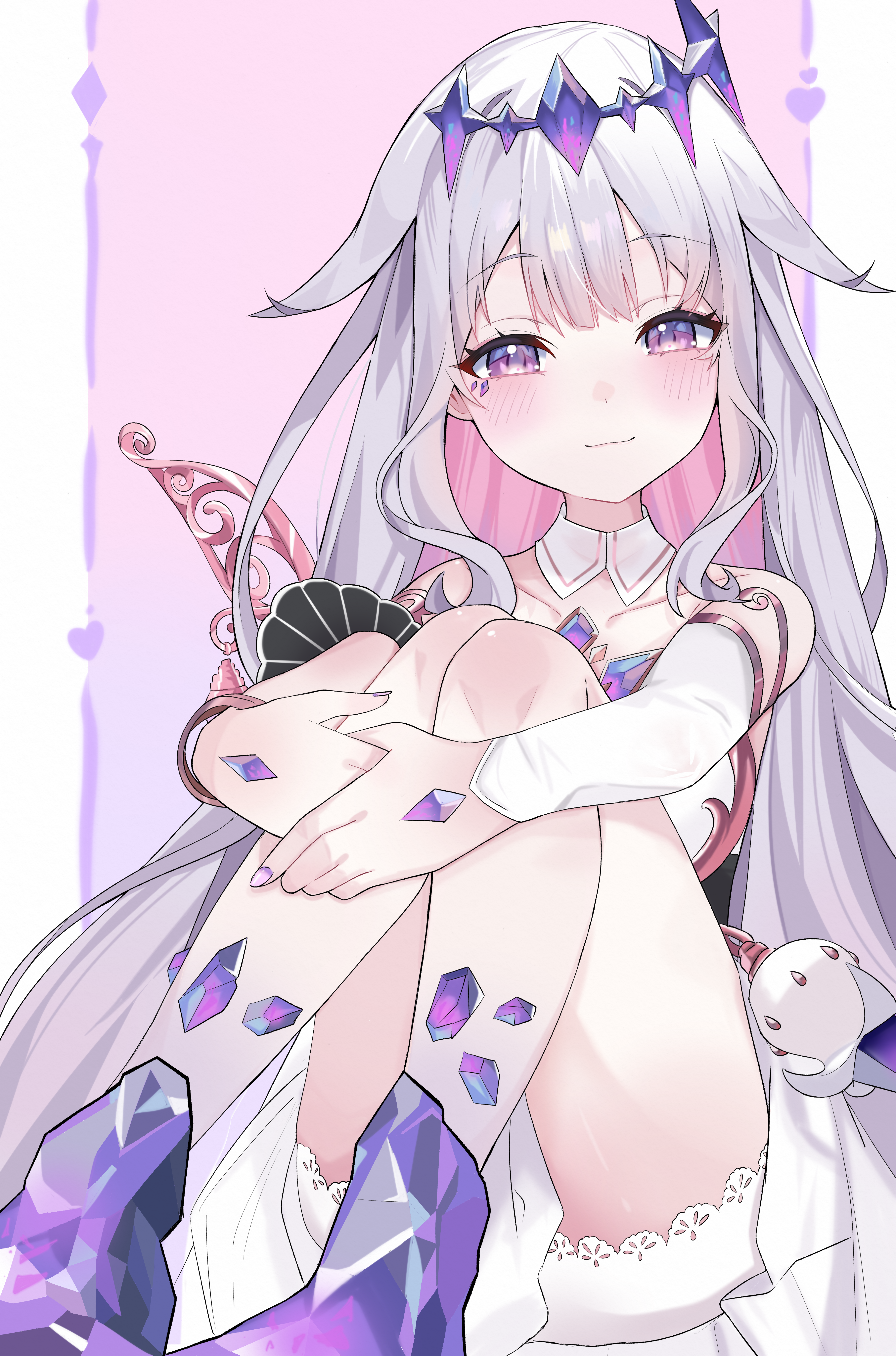 castellayaki, koseki bijou, koseki bijou (1st costume), hololive, hololive english, absurdres, highres, 1girl, bloomers, chest jewel, closed mouth, colored inner hair, dress, gem, hugging own legs, jewel under eye, long hair, looking at viewer, material growth, metal wings, multicolored hair, pink hair, purple eyes, purple gemstone, solo, underwear, virtual youtuber, white bloomers, white dress