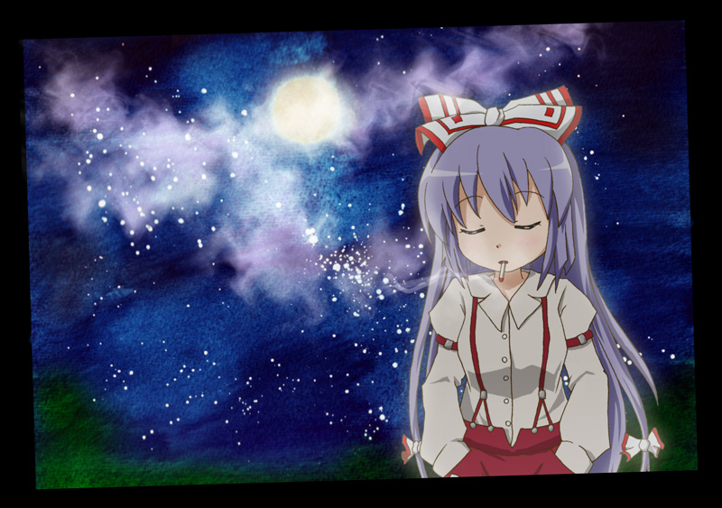 lento, lento (len-to), fujiwara no mokou, touhou, silver hair, bad id, bad pixiv id, 1girl, cigarette, cloud, female focus, long hair, moon, night, night sky, ribbon, sky, smoking, solo, star (sky), starry sky