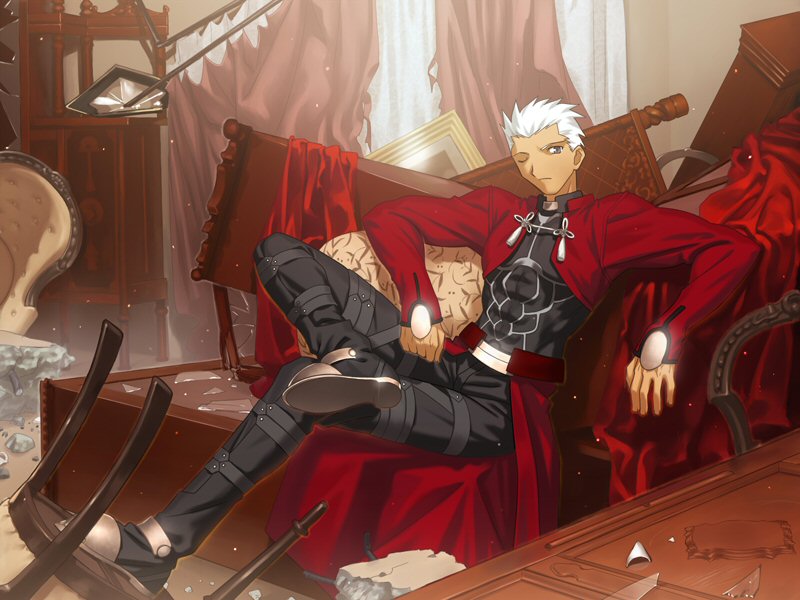 takeuchi takashi, archer (fate), fate/stay night, fate (series), game cg, 00s, 1boy, crossed legs, dark-skinned male, dark skin, figure four sitting, male focus, short hair, sitting, solo, white hair