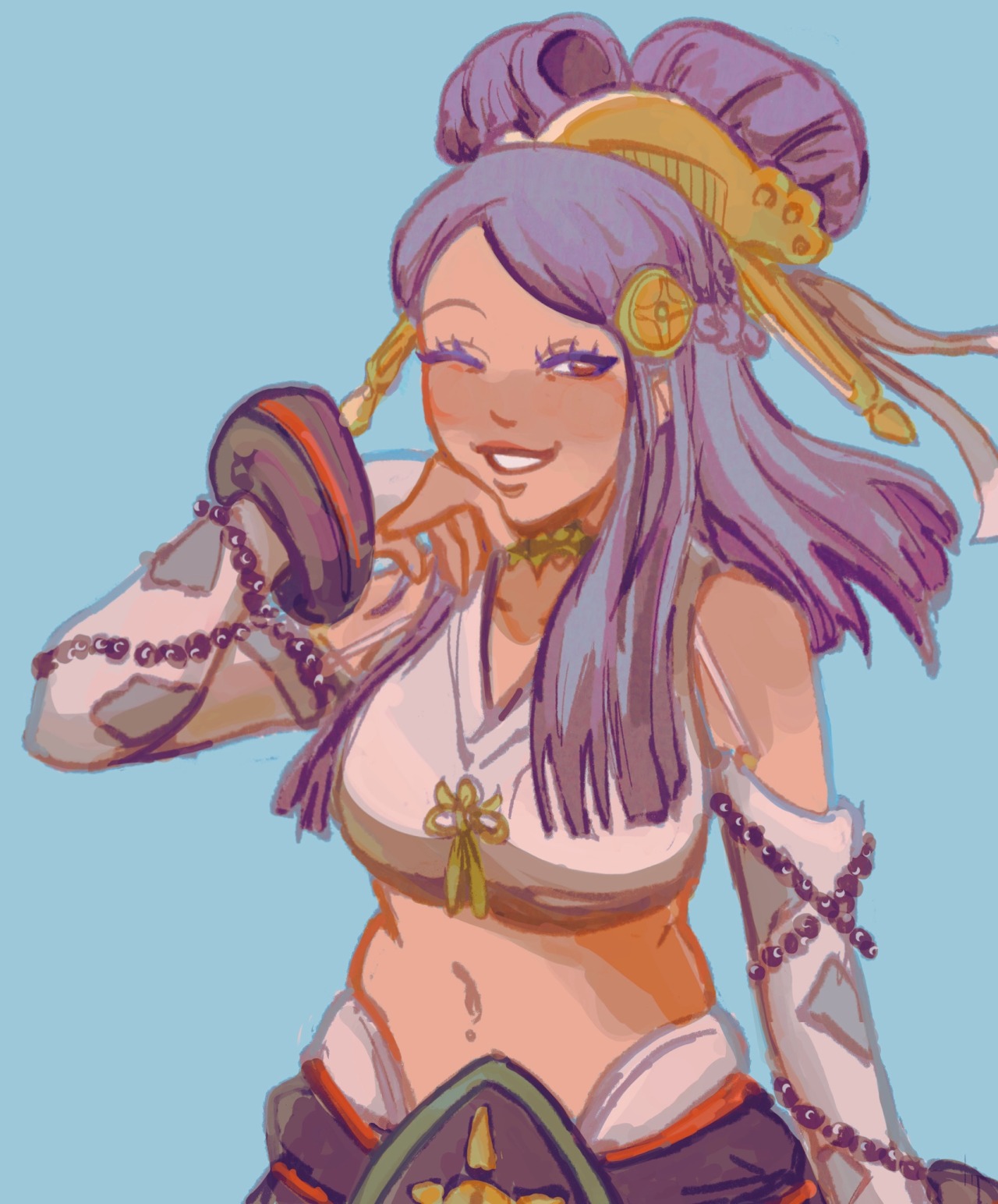 orochi (fire emblem), fire emblem, fire emblem fates, nintendo, elite-4, hair ornament, japanese clothes, navel, one eye closed, purple eyes, purple hair, wink
