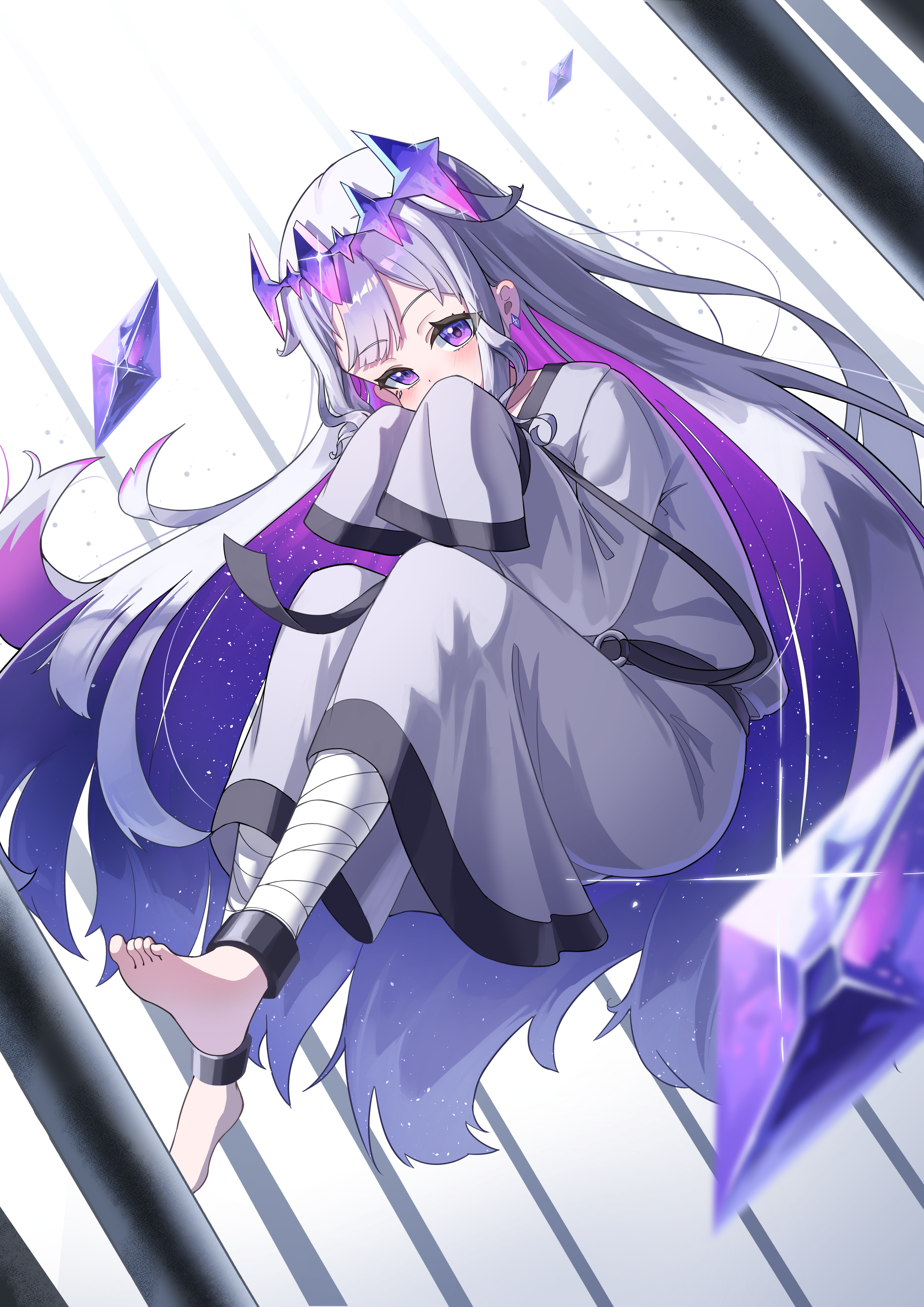 uminonin46978, koseki bijou, hololive, hololive english, absurdres, highres, 1girl, bandaged leg, bandages, barefoot, colored inner hair, gem, gradient hair, long hair, looking at viewer, multicolored hair, purple eyes, purple gemstone, purple hair, sleeves past fingers, sleeves past wrists, solo, straitjacket, virtual youtuber