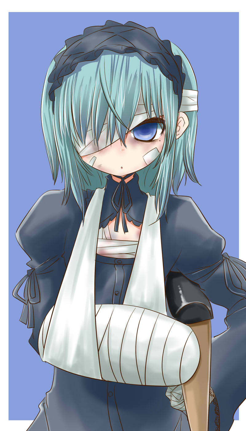 itini-sanshi, 2channel, commentary request, highres, 1boy, 2channel (/livejupiter/), aile-kun, bandage over one eye, bandaged arm, bandages, blue background, blue eyes, closed mouth, crossdressing, crossdressing (mtf), crutch, dress, empty eyes, expressionless, grey dress, grey hairband, grey ribbon, hair over one eye, hairband, injury, long sleeves, looking at viewer, male focus, mole, mole under eye, neck ribbon, ribbon, short hair, sleeve ribbon, solo, trap, two-tone background, upper body, white background