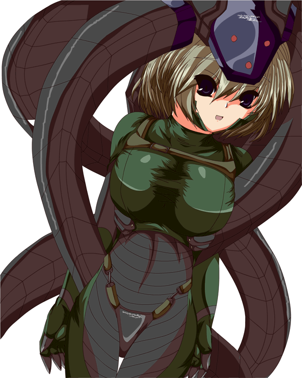 laughing octopus, metal gear (series), metal gear solid 4: guns of the patriots, 1girl, :d, blonde hair, blue eyes, bodysuit, breasts, claws, cowboy shot, female focus, gem, headpiece, large breasts, looking at viewer, open mouth, simple background, skin tight, smile, solo, taut clothes, thigh gap, white background