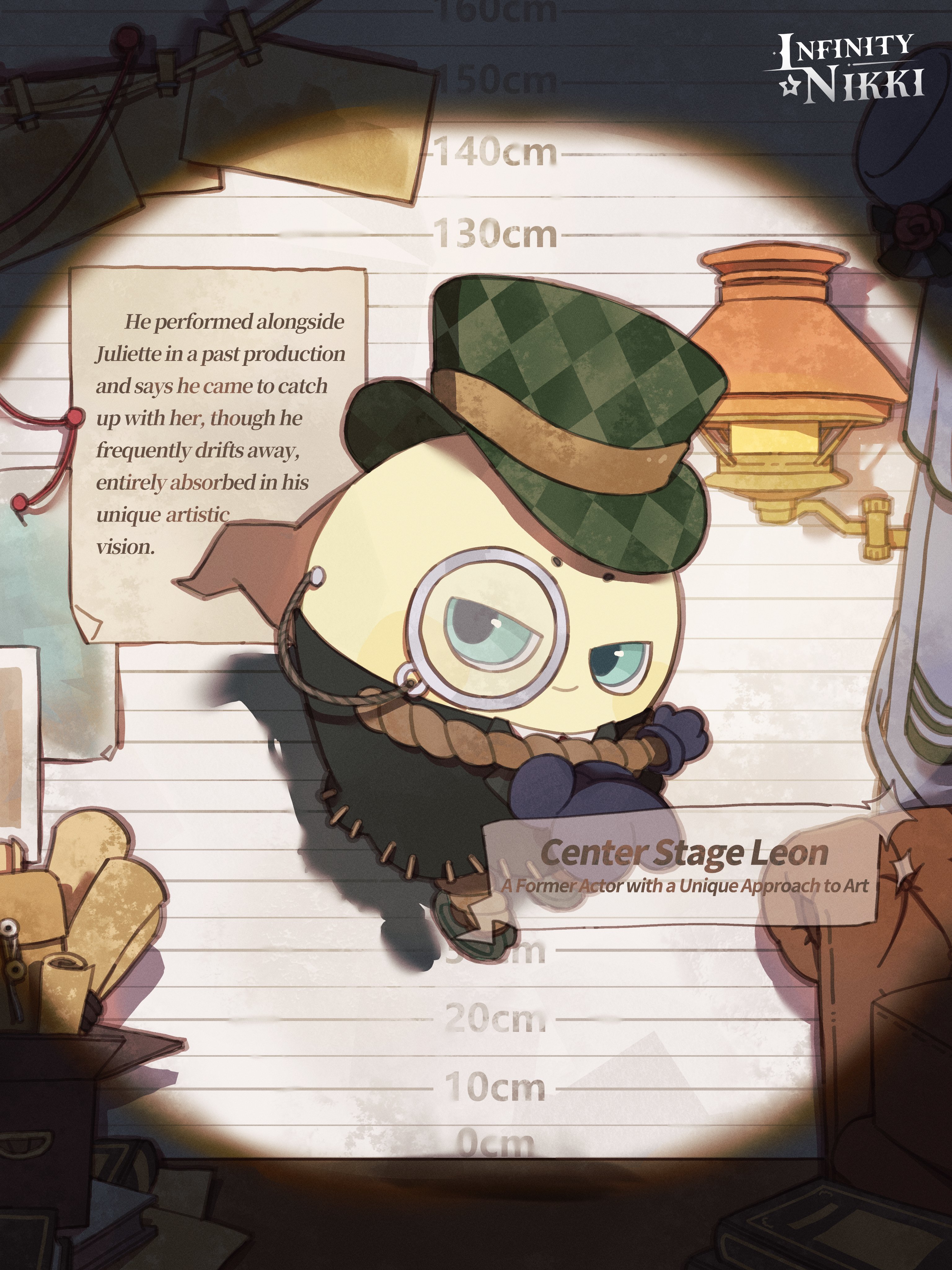infinity nikki, nikki (series), absurdres, artist request, commentary, english commentary, highres, official art, second-party source, argyle clothes, argyle hat, armchair, black coat, blue eyes, blue gloves, buttons, center stage leon (infinity nikki), chair, character name, closed mouth, coat, collared coat, copyright name, creature, creature focus, curtains, english text, gloves, green hat, grey-framed eyewear, happy, hat, indoors, lamp, lapels, logo, monocle, no humans, notched lapels, outstretched arms, piecey, round eyewear, scroll, shadow, shirt, sleeveless, sleeveless coat, smile, solo, string of photos, top hat, unmoving pattern, v-shaped eyes, white shirt
