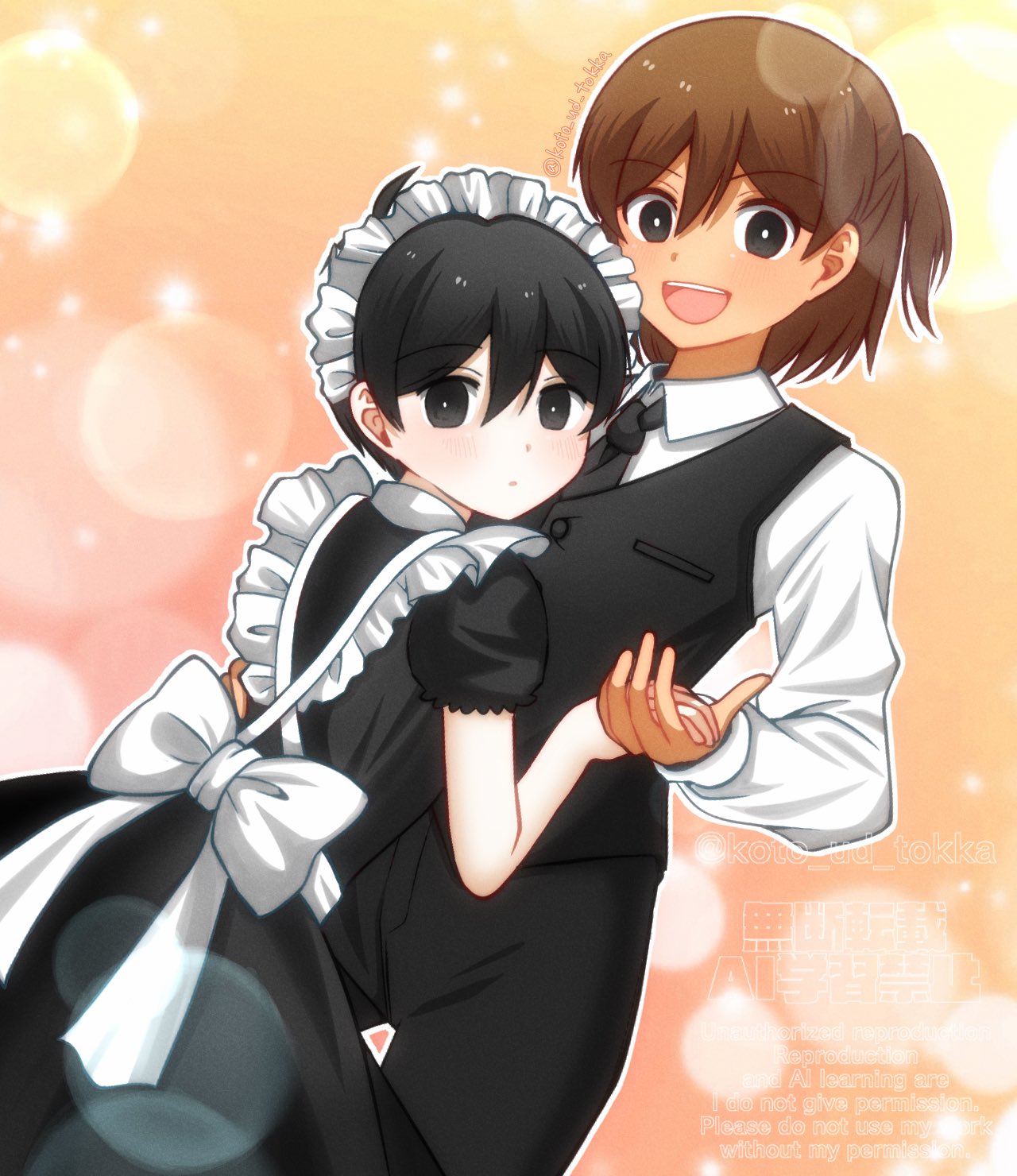 hisaho, kel (faraway) (omori), kel (omori), sunny (omori), omori, highres, 2boys, alternate costume, alternate hairstyle, black eyes, black hair, black necktie, blush, bright pupils, brown hair, butler, closed mouth, collared shirt, dark-skinned male, dark skin, double-parted bangs, enmaided, hair between eyes, holding hands, long sleeves, looking at viewer, maid, maid headdress, male focus, multiple boys, necktie, open mouth, puffy short sleeves, puffy sleeves, shirt, short hair, short sleeves, smile, teeth, tongue, upper teeth only, white pupils, white shirt, yaoi