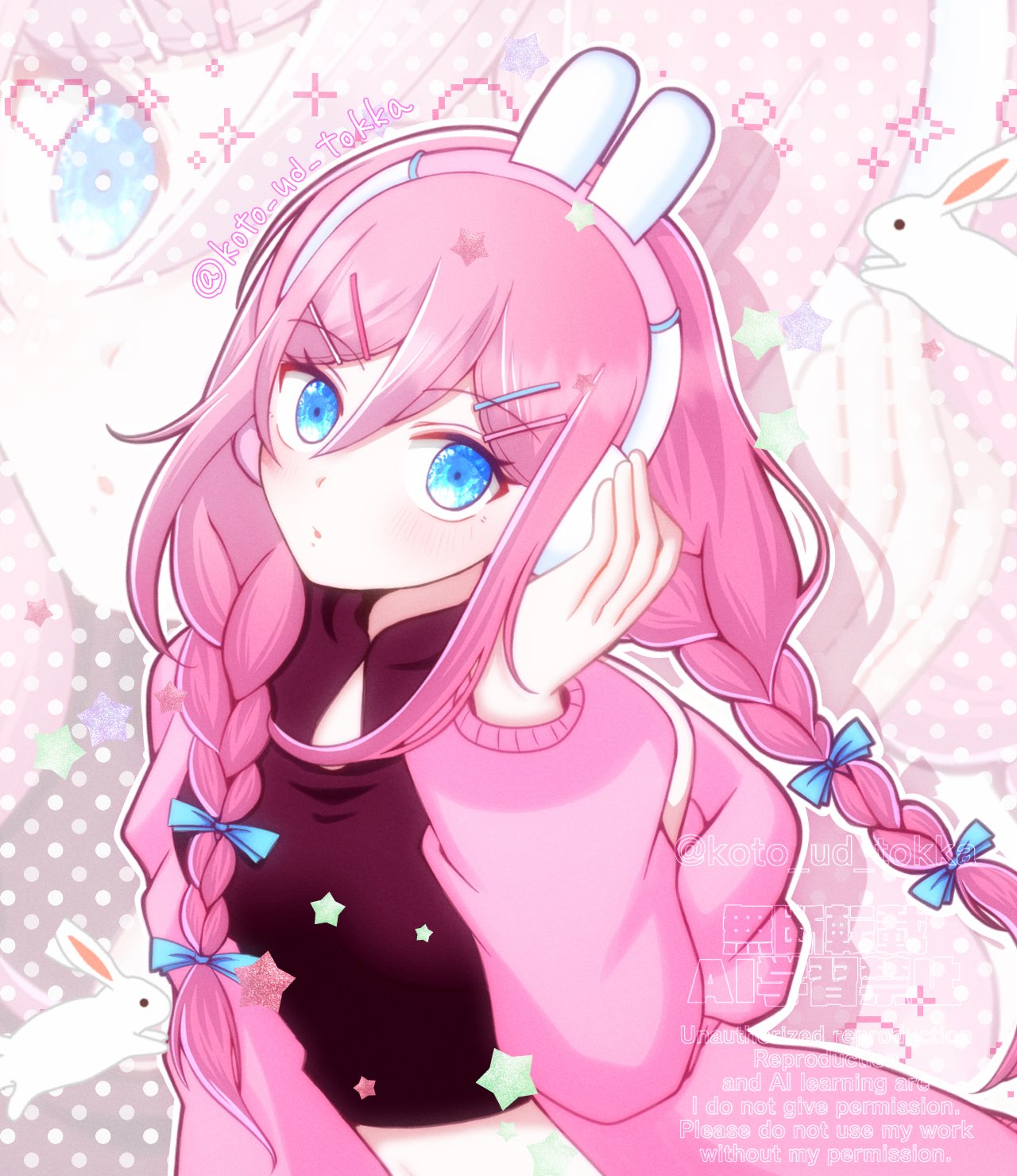 hisaho, aubrey (birthday) (omori), aubrey (faraway) (omori), aubrey (omori), omori, commentary request, highres, 1girl, adjusting headphones, animal ear headphones, animal ears, blue bow, blue eyes, bow, braid, closed mouth, crop top, double-parted bangs, fake animal ears, hair between eyes, hair bow, hair ornament, hairclip, headphones, long hair, long sleeves, looking at viewer, low twin braids, parallel hairclips, pink hair, rabbit ear headphones, rabbit ears, sidelocks, solo, twin braids, twitter username, upper body, watermark, zoom layer