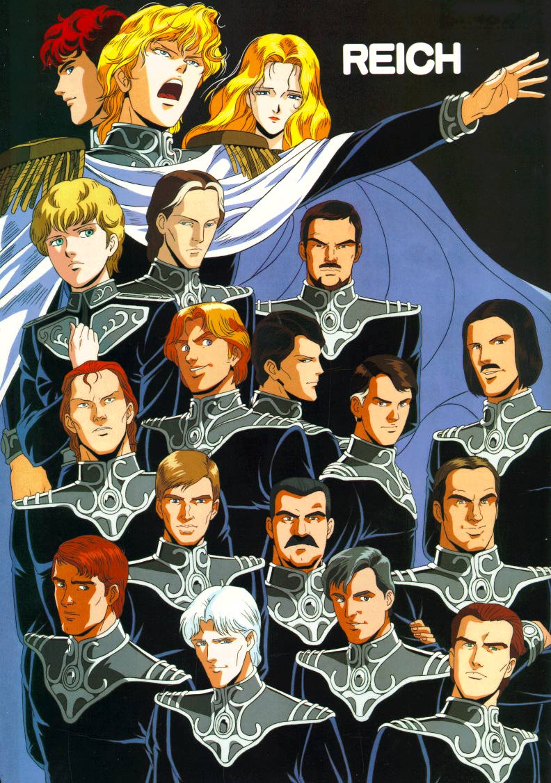 tanaka yoshiki, adalbert von fahrenheit, annerose von grunewald, august samuel wahlen, cornelius lutz, ernest mecklinger, ernst von eisenach, fritz josef bittenfeld, helmut lennenkamp, helmut lennenkampf, hildegard von mariendorf, karl gustav kempf, karl robert steinmetz, neithardt muller, oskar von reuenthal, paul von oberstein, reinhard von lohengramm, samuel august wahlen, siegfried kircheis, ulrich kesler, ulrich kessler, wolfgang mittermeyer, ginga eiyuu densetsu, uniform, 1980s (style), official art, 2girls, 6+boys, blonde hair, cape, chart, multiple boys, multiple girls, oldschool, retro artstyle