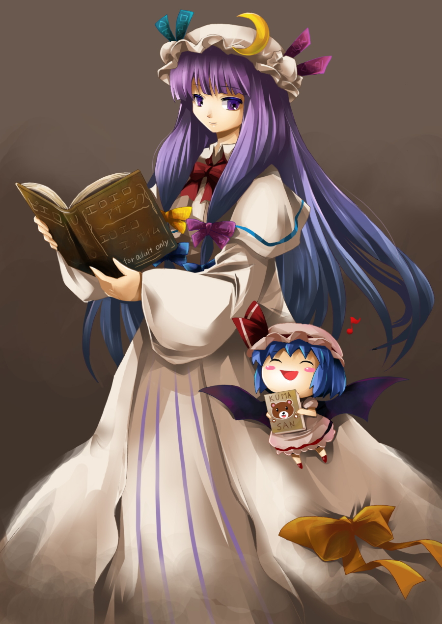 michii yuuki, patchouli knowledge, remilia scarlet, touhou, bad id, bad pixiv id, highres, 2girls, blue hair, chibi, female focus, gradient background, hat, long hair, multiple girls, purple hair, ribbon, short hair, solo, wings, yukkuri shiteitte ne