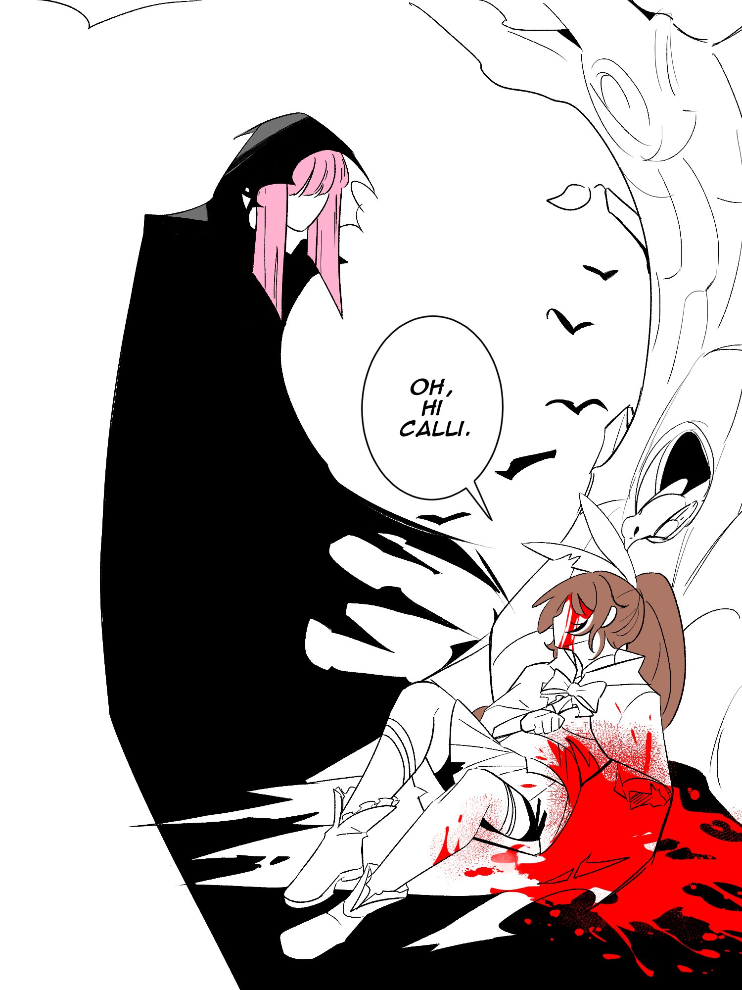 mochiparrot, mori calliope, nanashi mumei, hololive, hololive english, highres, 2girls, against tree, bird, bleeding, blood, blood on face, blood splatter, brown hair, cloak, hair ornament, injury, long hair, missing limb, multiple girls, pink hair, tree, virtual youtuber