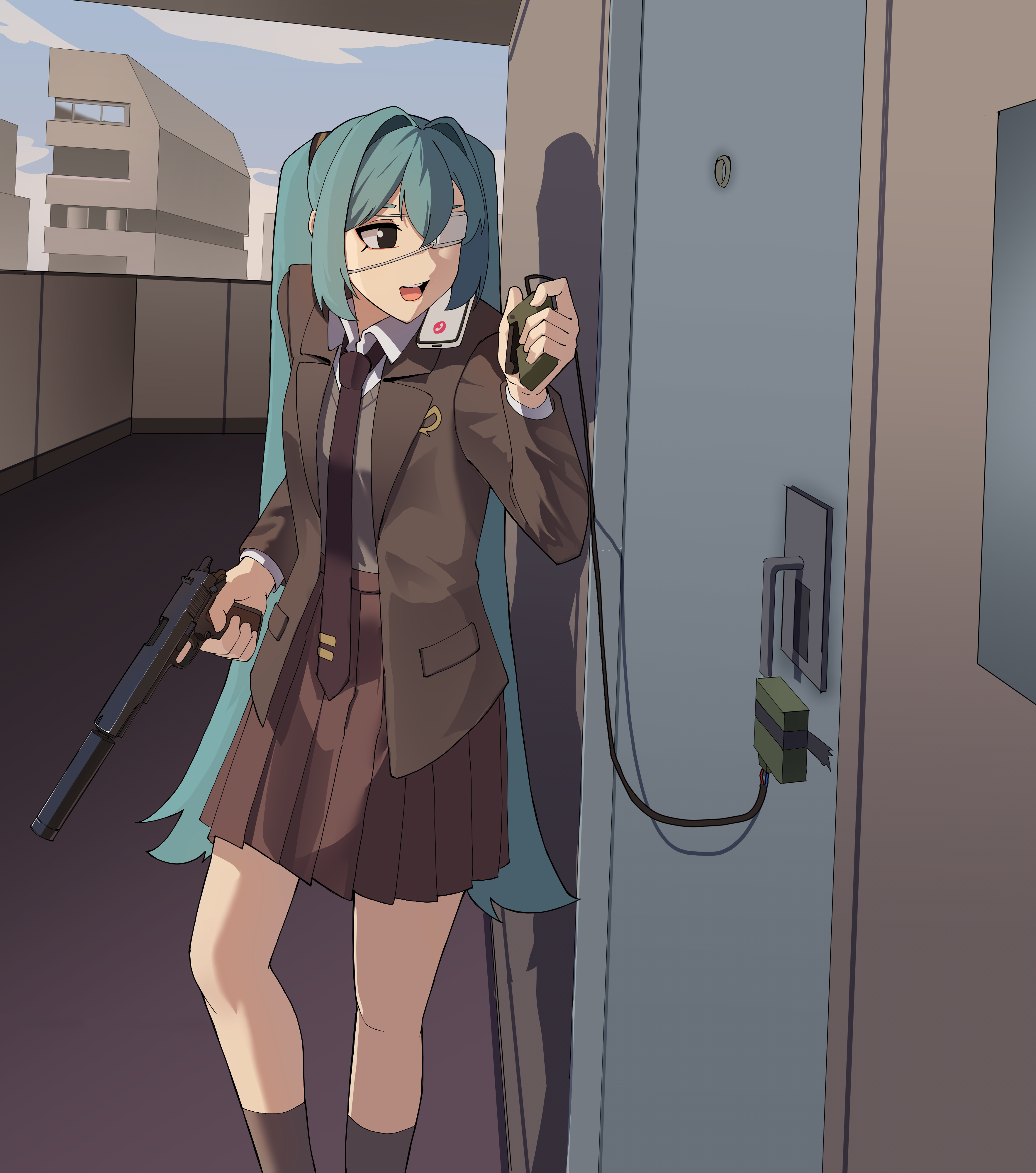 gar32, hatsune miku, monitoring (vocaloid), vocaloid, absurdres, commentary, highres, 1girl, aqua hair, black eyes, blue sky, brown jacket, brown necktie, brown skirt, brown socks, brown sweater, building, c4, cellphone, clacker, cloud, collared shirt, detonator, door, explosive, eyepatch, gun, handgun, holding, holding detonator, holding gun, holding weapon, jacket, m1911, medical eyepatch, necktie, open mouth, phone, pleated skirt, school uniform, shirt, skirt, sky, smartphone, socks, solo, suppressor, sweater, teeth, upper teeth only, weapon, white shirt