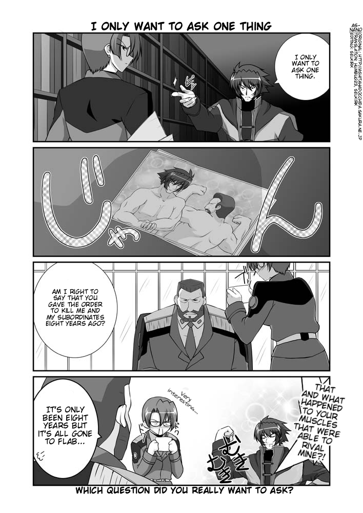 mikage takashi, auris gaiz, regius gaiz, zest grangeitz, lyrical nanoha, mahou shoujo lyrical nanoha, mahou shoujo lyrical nanoha strikers, hard-translated, third-party edit, translated, 00s, 1girl, 2boys, blood, closed eyes, comic, english text, epaulettes, father and daughter, glasses, greyscale, military, military uniform, monochrome, multiple boys, nosebleed, photo (object)
