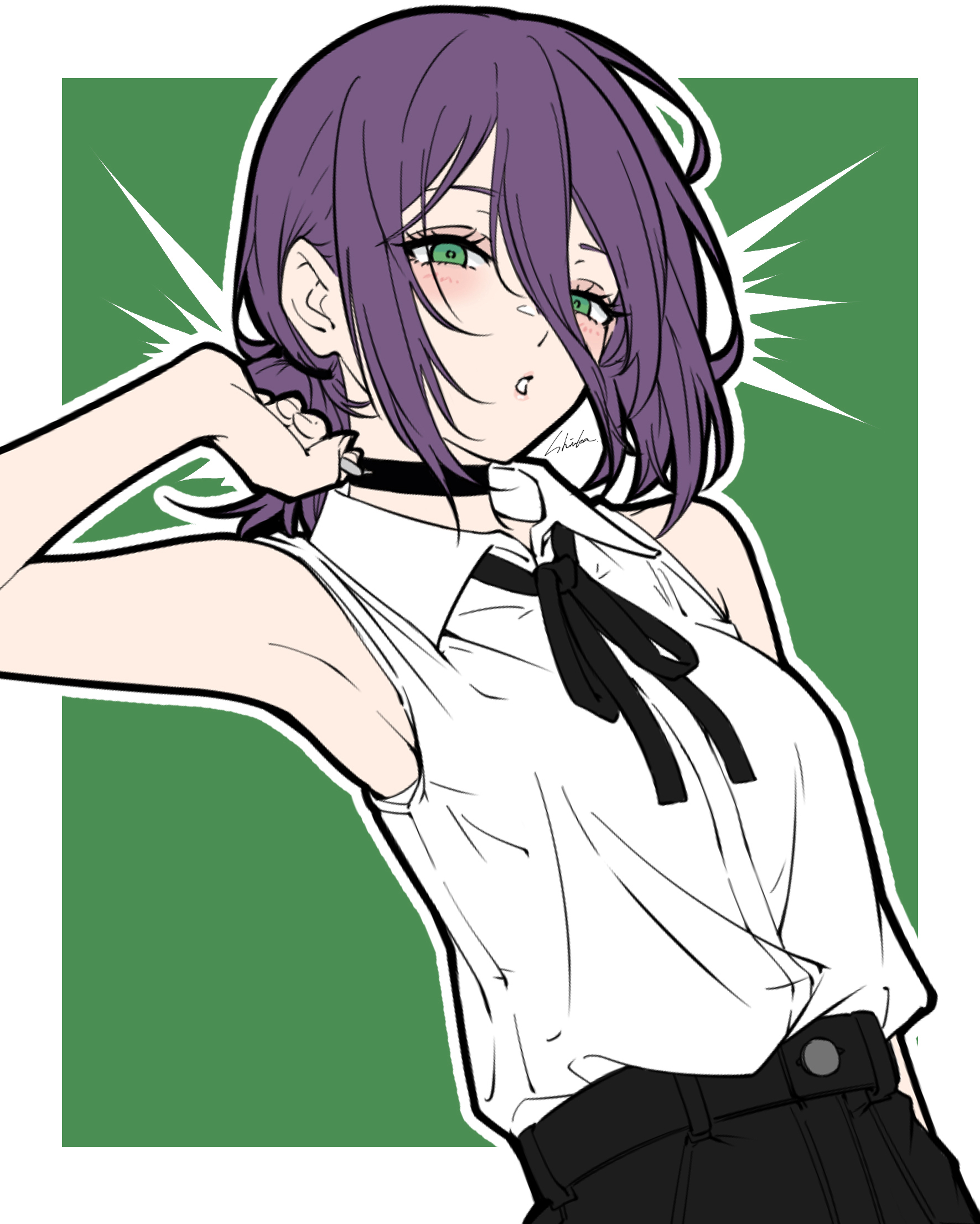 bambi surprise, reze (chainsaw man), chainsaw man, highres, 1girl, black choker, black ribbon, black shorts, border, choker, collared shirt, green background, green eyes, grenade pin, hair between eyes, parted lips, purple hair, ribbon, shirt, shirt tucked in, shorts, sleeveless, sleeveless shirt, solo, white border, white shirt