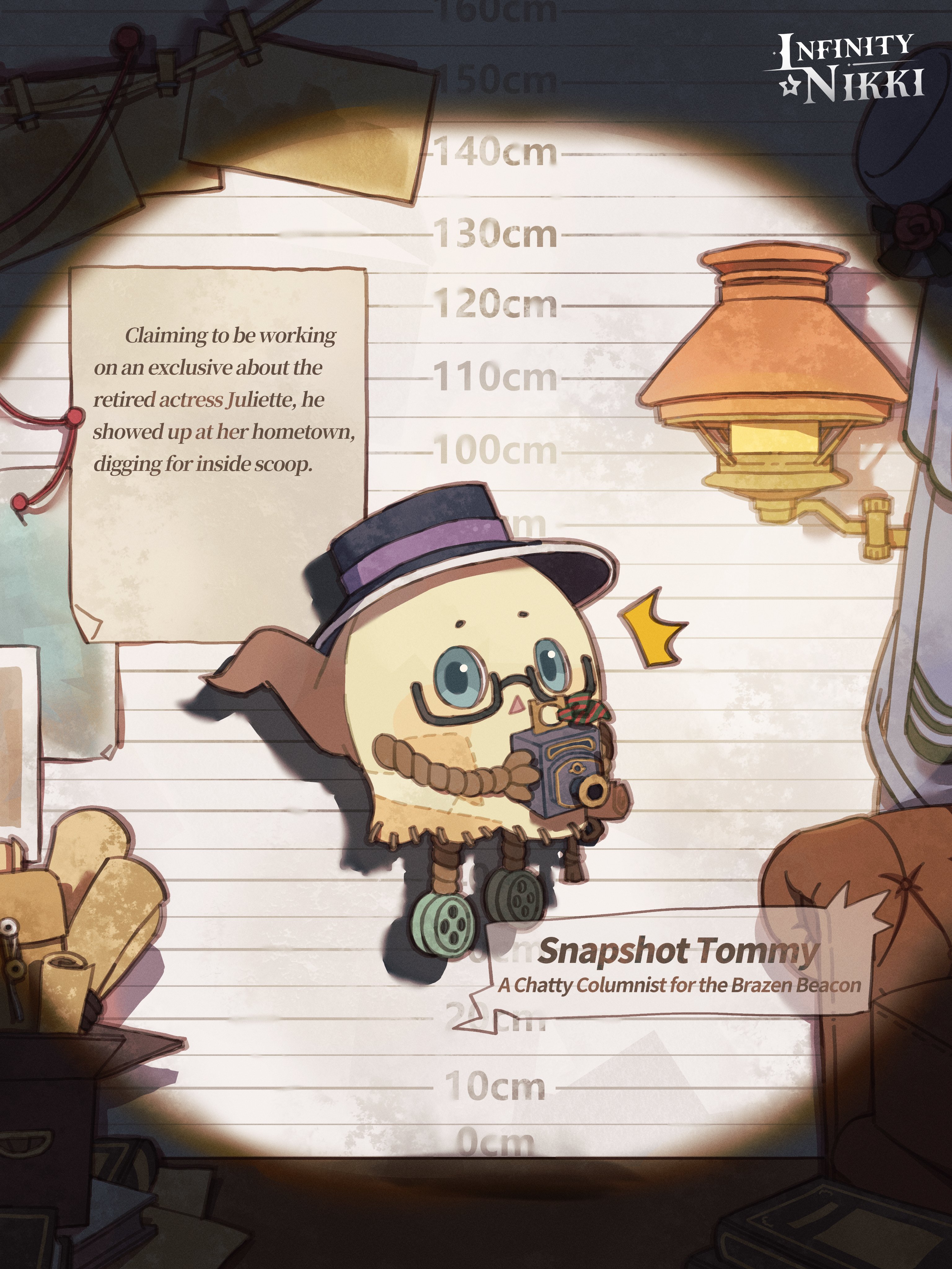 infinity nikki, nikki (series), absurdres, artist request, commentary, english commentary, highres, official art, second-party source, ^^^, armchair, black-framed eyewear, black hat, blue eyes, buttons, camera, chair, character name, copyright name, creature, creature focus, curtains, english text, floating, glasses, hat, holding, holding camera, indoors, lamp, logo, looking at viewer, no humans, open mouth, paper, patch, piecey, scroll, shadow, snapshot tommy (infinity nikki), solo, string of photos, surprised, top hat, triangle mouth, wide-eyed