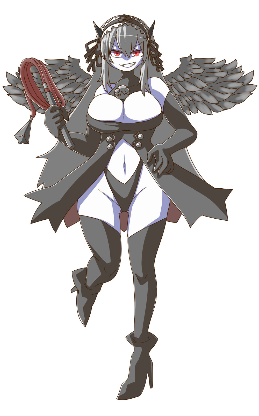 itini-sanshi, suigintou, rozen maiden, commentary request, highres, 1girl, alternate breast size (larger), alternate costume, black boots, black dress, black gloves, black hairband, black panties, black ribbon, boots, breasts, cleavage, colored skin, dress, elbow gloves, feathered wings, frilled hairband, frills, full body, gloves, grey wings, grin, hair ribbon, hairband, hand on own hip, highleg, highleg panties, holding, holding whip, large breasts, long hair, looking at viewer, navel, panties, red eyes, revealing clothes, ribbon, simple background, smile, solo, thigh boots, underwear, v-shaped eyebrows, white background, white skin, wings