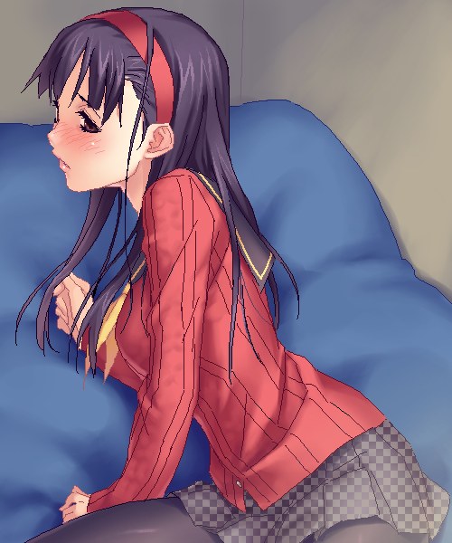 zen, amagi yukiko, atlus, persona, persona 4, 1girl, bed, black hair, black pantyhose, blush, female focus, hairband, long hair, oekaki, pantyhose, skirt, solo