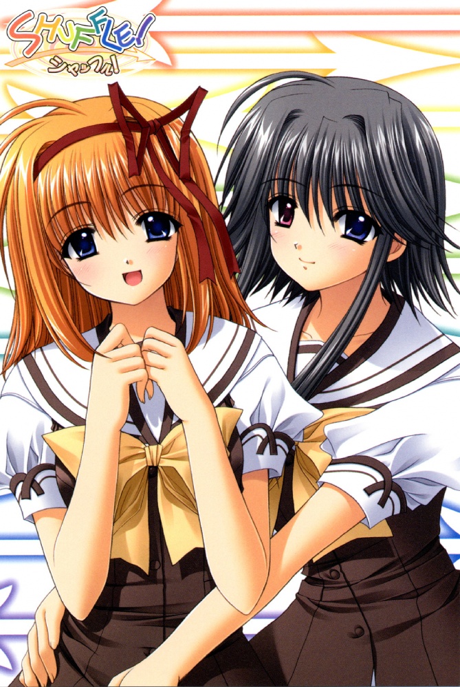 nishimata aoi, fuyou kaede, mayumi thyme, shuffle!, official art, 00s, black hair, blue eyes, heterochromia, hug, orange hair, school uniform, serafuku, short hair