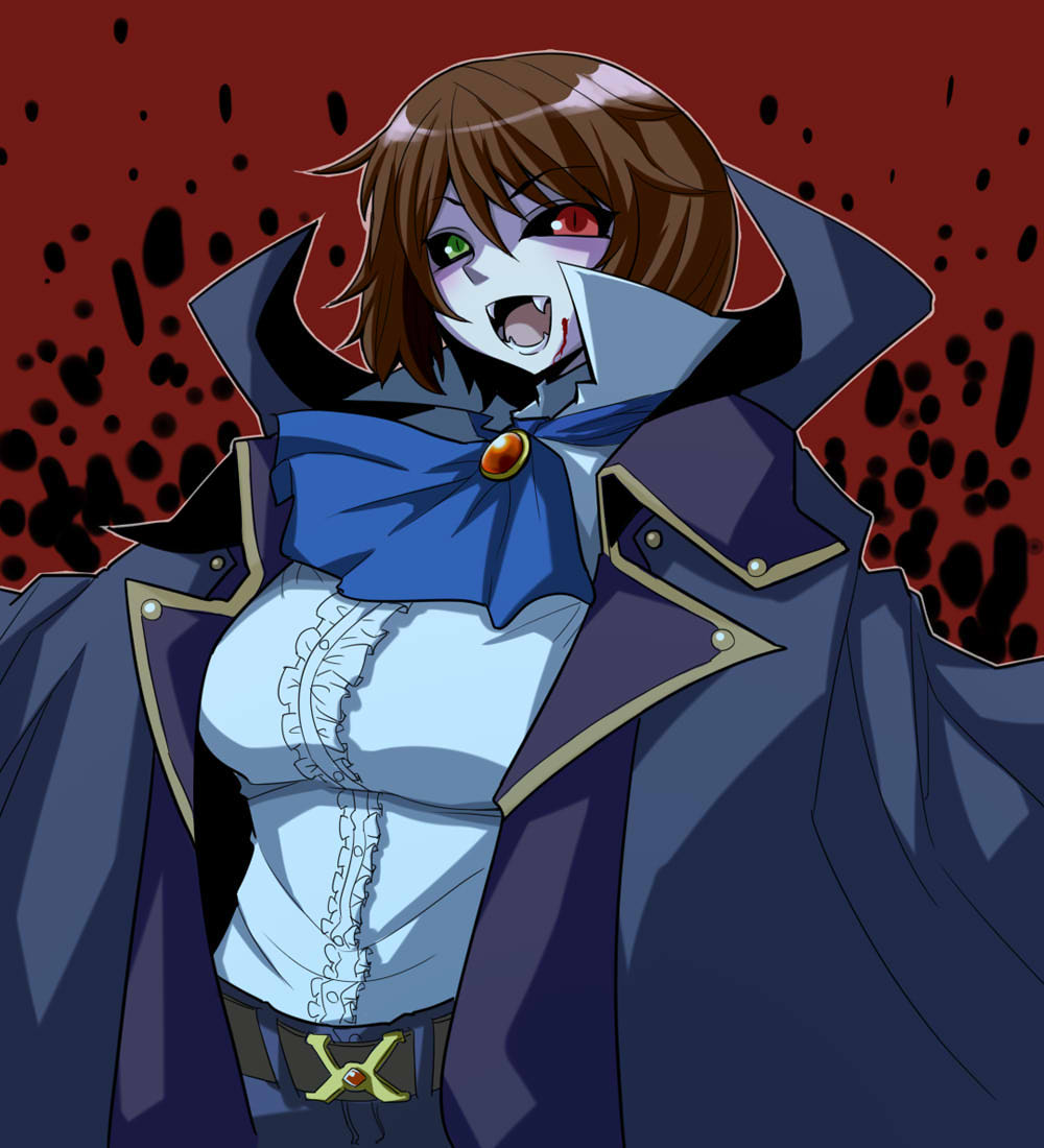 itini-sanshi, souseiseki, rozen maiden, commentary request, 1girl, alternate breast size (larger), alternate costume, ascot, belt, blue ascot, blue shirt, blue skin, blush, breasts, brooch, brown belt, brown hair, cape, center frills, colored skin, fangs, frills, green eyes, grey cape, heterochromia, jewelry, large breasts, looking at viewer, monsterification, open mouth, red background, red eyes, shirt, short hair, smile, solo, upper body, vampire
