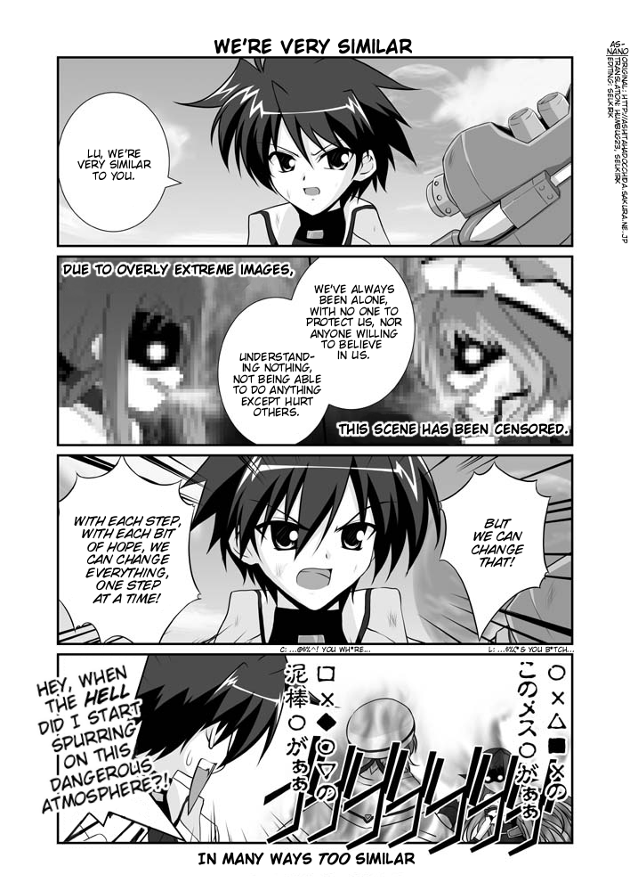 mikage takashi, asclepius (nanoha), caro ru lushe, erio mondial, lutecia, lutecia alpine, strada, lyrical nanoha, mahou shoujo lyrical nanoha, mahou shoujo lyrical nanoha strikers, hard-translated, third-party edit, translated, 00s, 1boy, 2girls, ahoge, arm garter, aura, bow, cape, coat, comic, english text, evil smile, gloves, glowing, glowing eyes, greyscale, hat, magical boy, magical girl, monochrome, multiple girls, open clothes, open coat, pixelated, planet, shaded face, smile