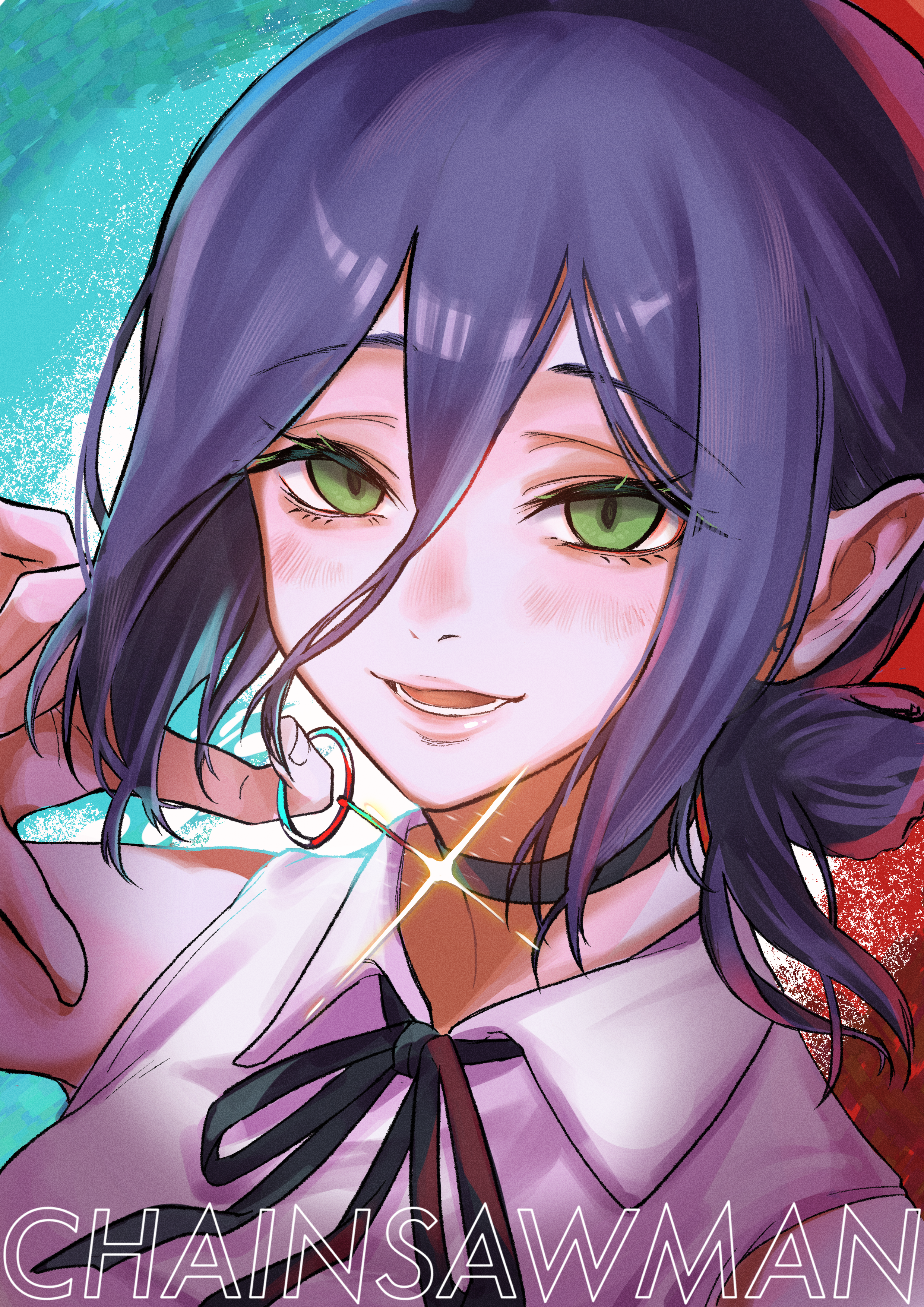 panco neco, reze (chainsaw man), chainsaw man, absurdres, highres, 1girl, black choker, black hair, black ribbon, choker, collared shirt, copyright name, green eyes, grenade pin, hair between eyes, hair bun, looking at viewer, lower teeth only, open mouth, ribbon, shirt, solo, teeth, white shirt