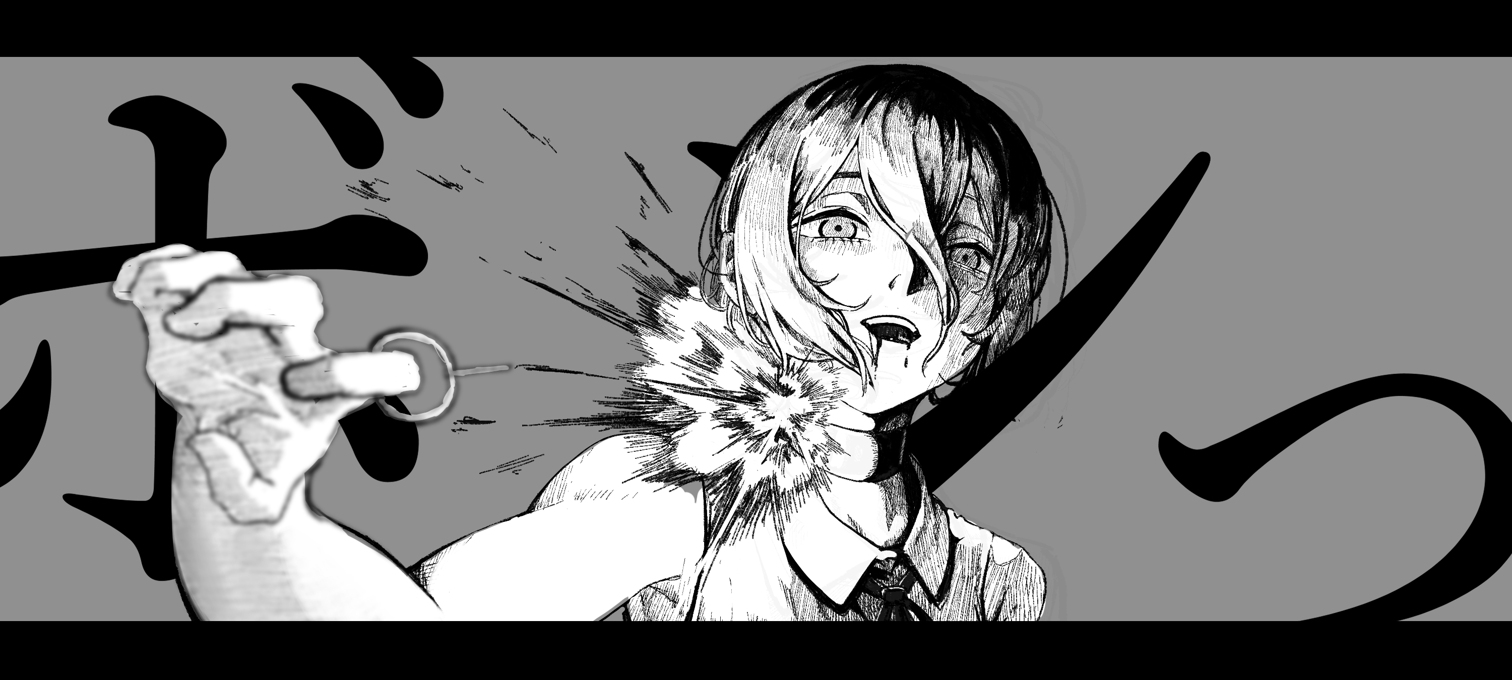 tomuanago, reze (chainsaw man), chainsaw man, highres, 1girl, choker, collared shirt, grenade pin, greyscale, hair between eyes, imminent explosion, monochrome, open mouth, shirt, sleeveless, sleeveless shirt, solo
