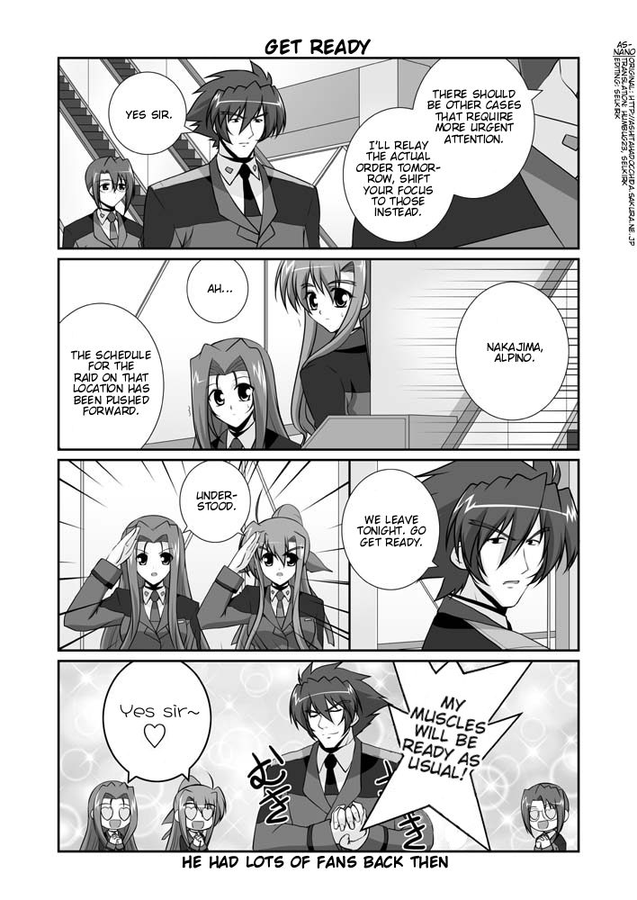 mikage takashi, auris gaiz, megane alpine, quint nakajima, zest grangeitz, lyrical nanoha, mahou shoujo lyrical nanoha, mahou shoujo lyrical nanoha strikers, hard-translated, third-party edit, translated, 00s, 2boys, 3girls, closed eyes, comic, english text, greyscale, heart, heart-shaped eyes, military, military uniform, monochrome, multiple boys, multiple girls, ponytail, salute