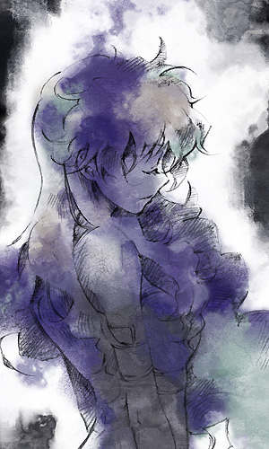 akutsu (yuumi), nia teppelin, tengen toppa gurren lagann, lowres, 00s, 1girl, bare shoulders, blue theme, closed eyes, closed mouth, dress, eyelashes, female focus, from side, long hair, monochrome, profile, solo, upper body, very long hair