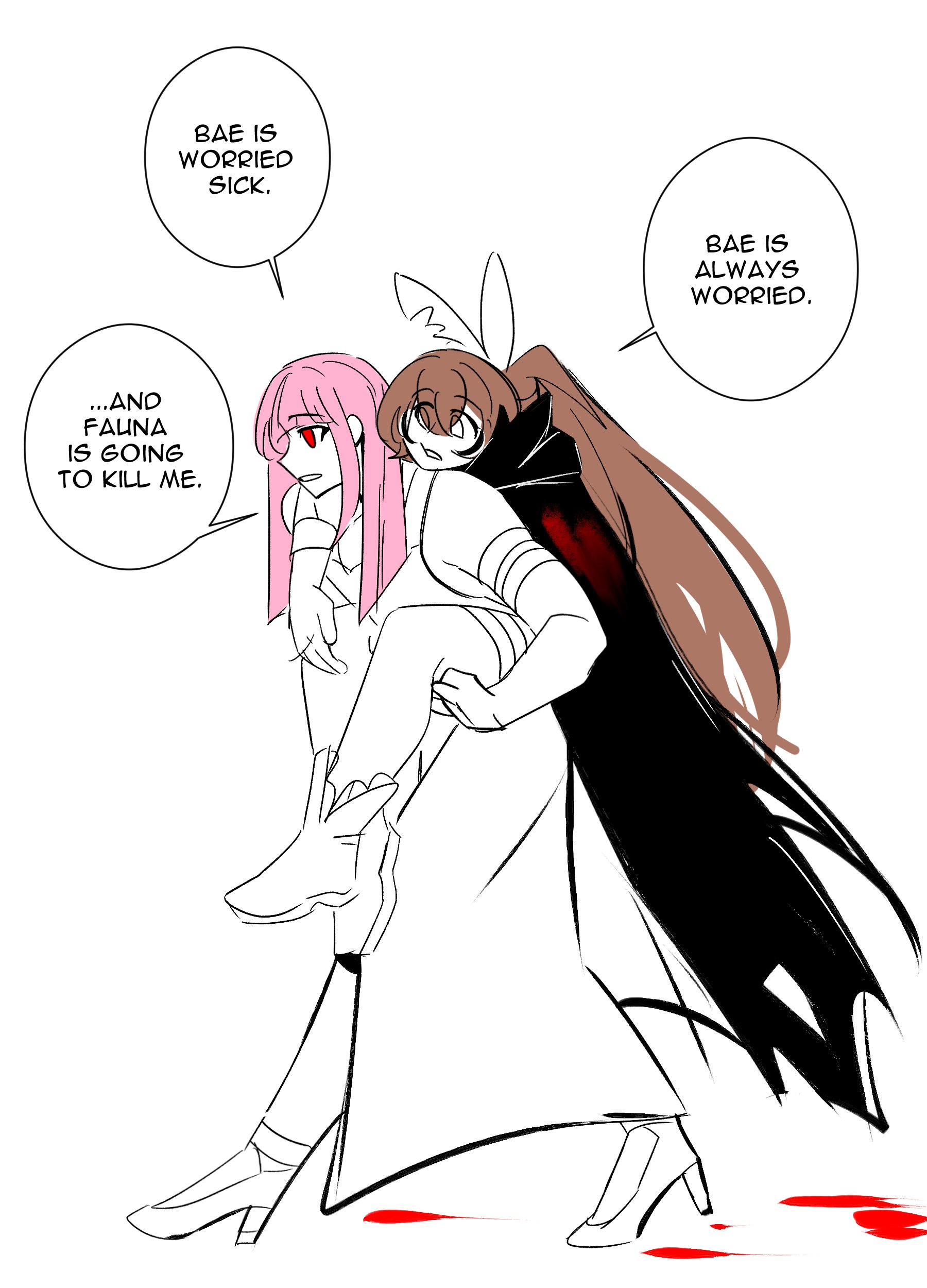 mochiparrot, mori calliope, nanashi mumei, hololive, hololive english, absurdres, highres, blood trail, brown hair, carrying, english text, hair ornament, long hair, multicolored hair, multiple girls, piggyback, pink hair, ponytail, red eyes, virtual youtuber