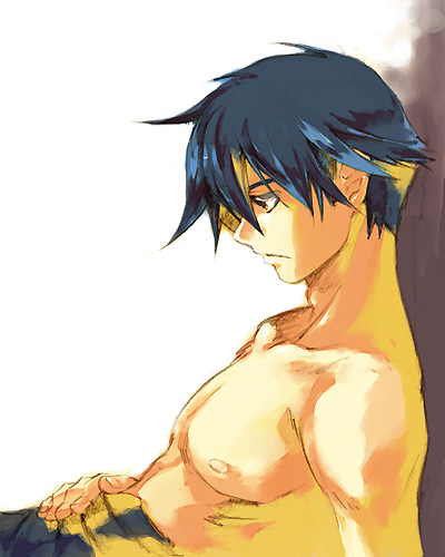 akutsu (yuumi), simon (ttgl), tengen toppa gurren lagann, lowres, 00s, 1boy, blue hair, male focus, muscular, solo, topless male