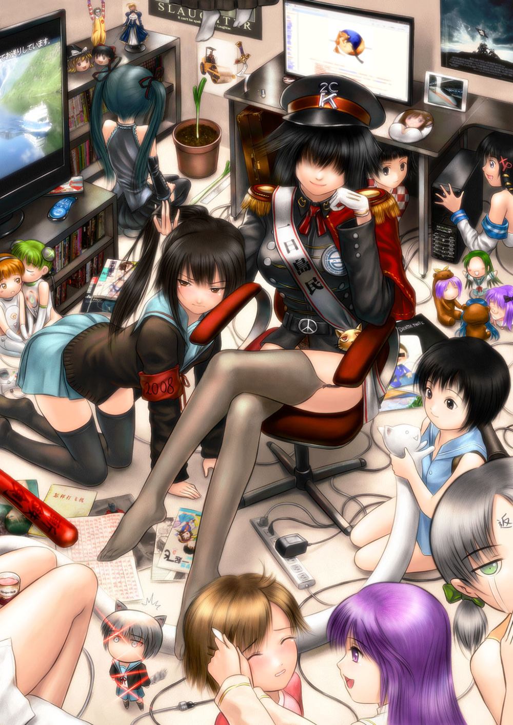 s zenith lee, 3886, bear tsukasa, churuya, hatsune miku, hiiragi kagami, hiiragi tsukasa, itoshiki nozomu, izumi konata, kagamin boo, kyonko, makoto (minami-ke), nagato yuki, ronald mcdonald, ryougi shiki, saber (fate), sader, sonozaki shion, suzumiya harubin, suzumiya haruhi, the joker, tsunetsuki matoi, watarase jun, xp-tan, yukkuri marisa, yukkuri reimu, 2channel, click (movie), death note, fate/stay night, fate (series), futaba channel, haagen-dazs, happiness!, higurashi no naku koro ni, kara no kyoukai, lucky star, mcdonald's, minami-ke, os-tan, sayonara zetsubou sensei, strike witches, suzumiya haruhi no yuuutsu, the dark knight, touhou, vocaloid, xxxholic, firefox, mousepad, uniform, xbox, annotated, highres, 2008, baseball bat, boobpad, chibi, computer, crossed legs, crossover, dagger, death note (object), dreamcast, everyone, feet, food, genderswap, hanging, hat, ice cream, iwo jima, komica, laughing man (gits), legs, lips, longcat (meme), meme, military, military uniform, motivator, name characters, nice boat, noose, oppai mousepad, otaku room, peace symbol, peaked cap, power strip, purple hair, ran ran ru, red ring of death, roadroller, rulebreaker, sitting, spring onion, steamroller, suicide, thighhighs, train, trap, weapon, xbox 360, yukkuri shiteitte ne