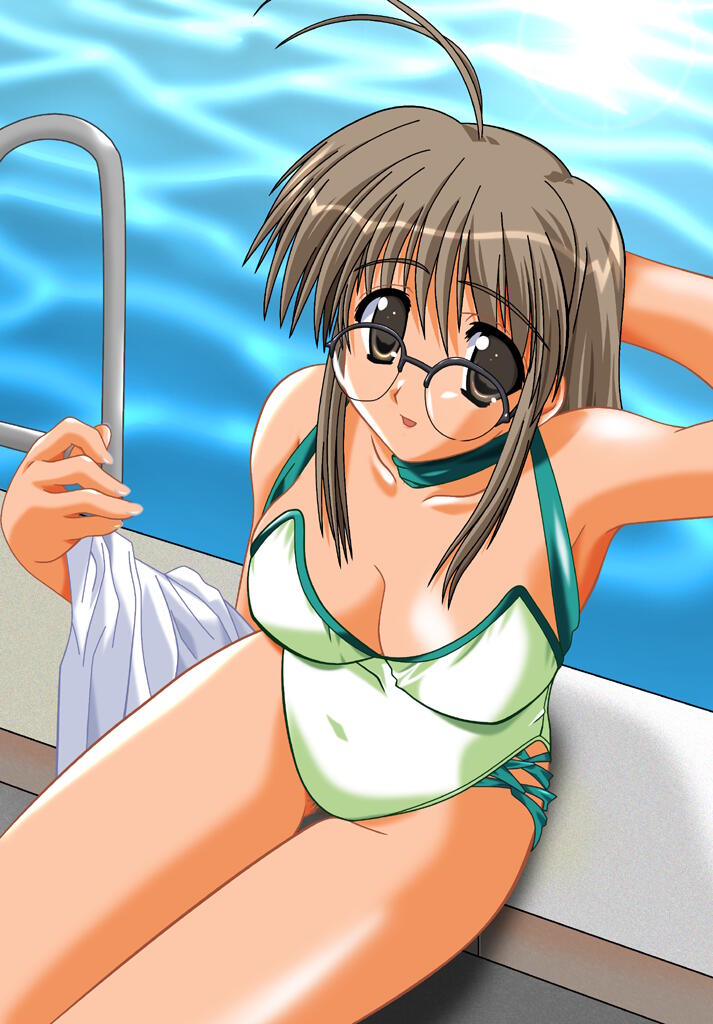 makimura minami, comic party, jpeg artifacts, non-web source, 00s, 1girl, ahoge, breasts, brown eyes, brown hair, casual one-piece swimsuit, cleavage, female focus, glasses, huge breasts, long hair, one-piece swimsuit, pool, pool ladder, poolside, sitting, solo, swimsuit